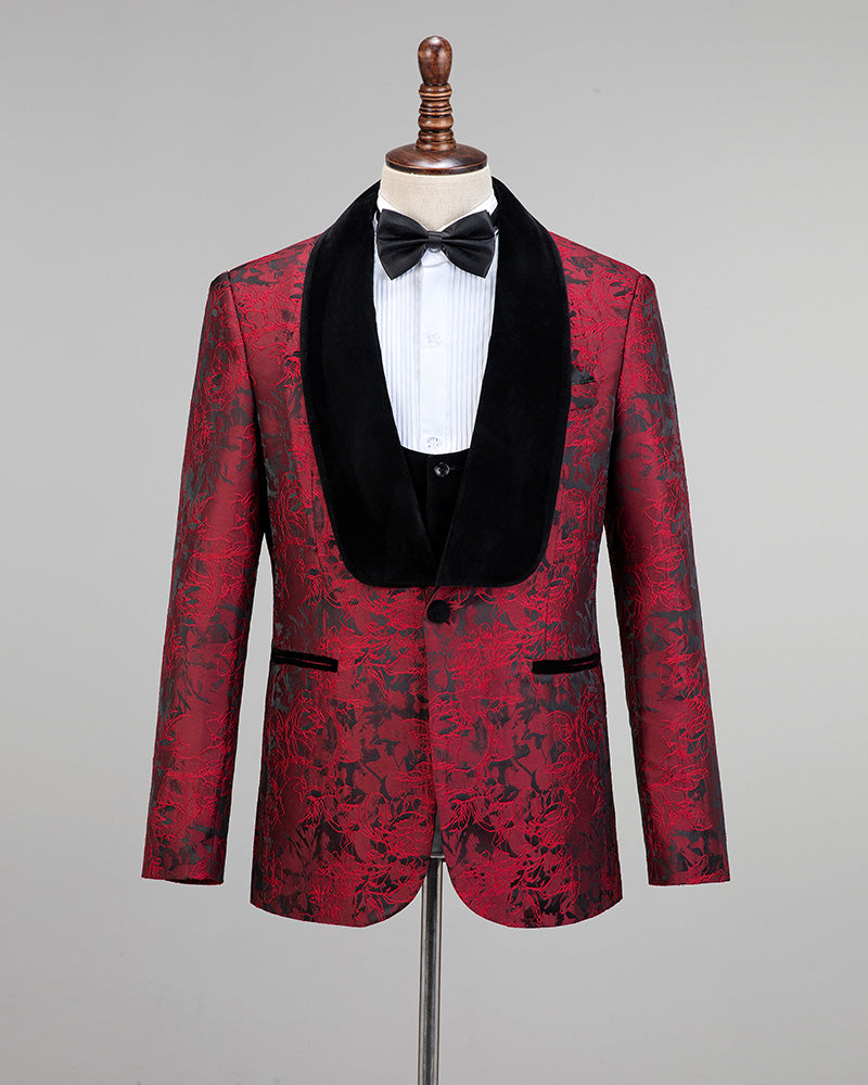 Elegant Burgundy Jacquard Men's 3-Piece Wedding Suit with Velvet Shawl Lapel - Groomsmen & Formal Attire for Weddings, Prom, and Special Occasions