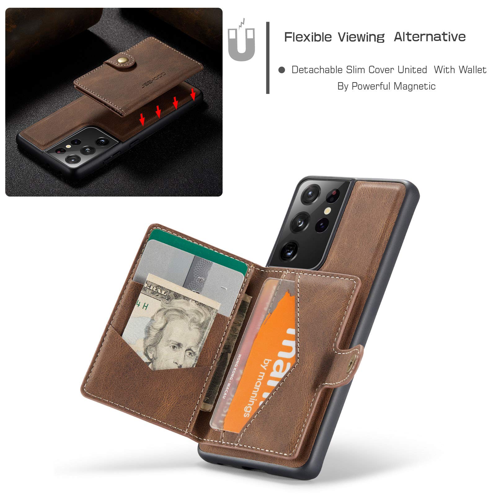 Samsung S21 Plus 5G Magnetic Wallet Case - Detachable Credit Card Holder with Money Clip, Front Pocket Stand, Shockproof Leather Cover for Men & Women (Brown) | Wireless Charging Compatible | Perfect for Daily Use, Travel & Business Meetings
