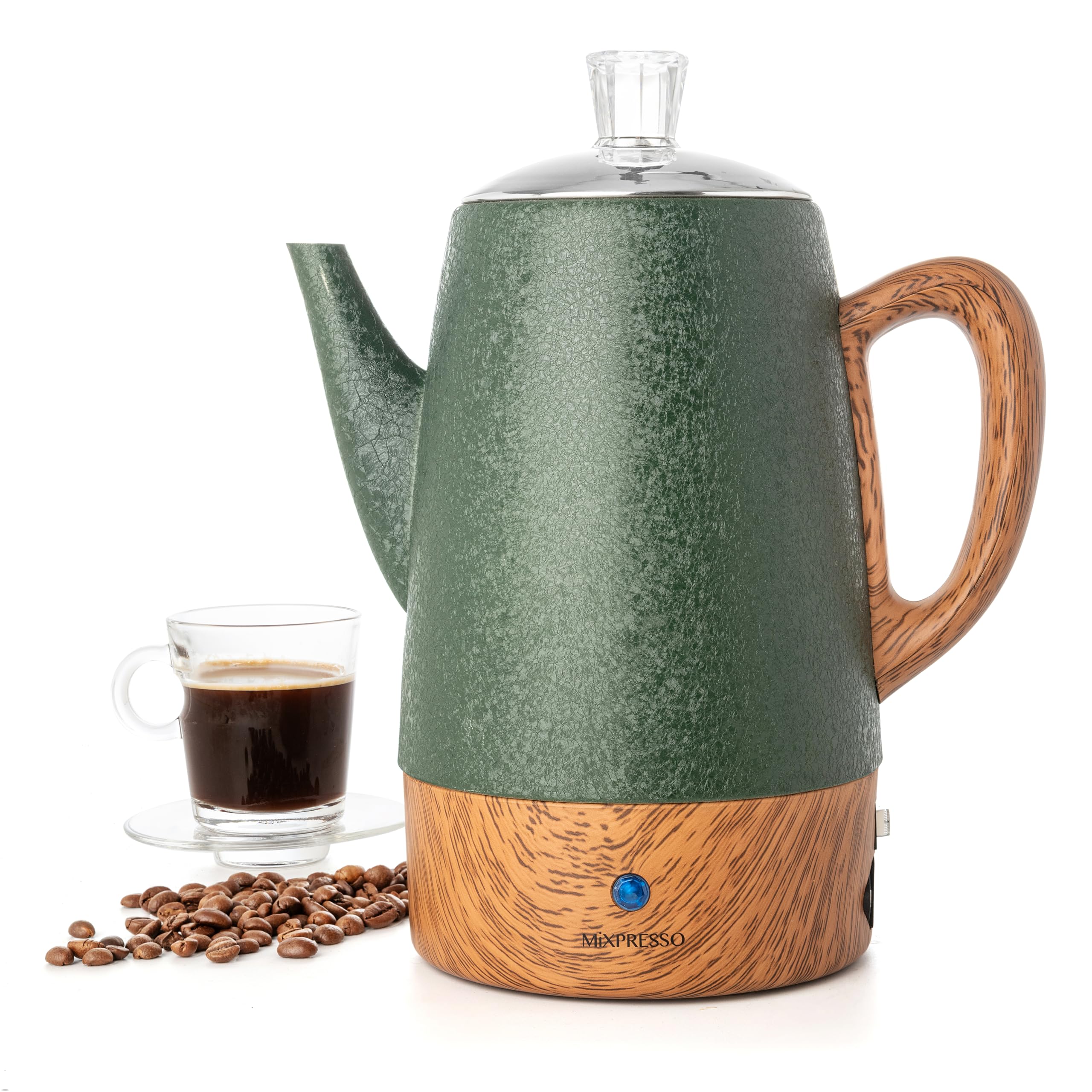 Mixpresso 10-Cup Electric Coffee Percolator with Keep Warm Function - Stainless Steel Coffee Maker with Basket for Home, Office & Camping (Shiny Green)