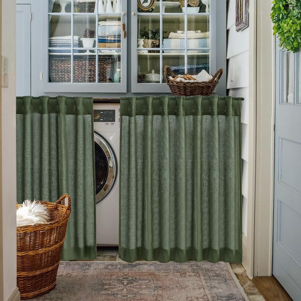 Olive Green Small Linen Kitchen Curtains - 24 Inch Length, 2 Panels, Back Tab Pocket, Light Filtering Semi Sheer - Perfect for Farmhouse, Bathroom, RV, Camper & Cabinet Windows (Ideal for Half Windows & Natural Light Control)
