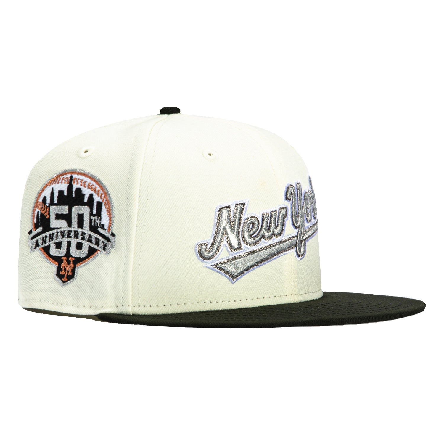 New Era 59Fifty New York Mets 50th Anniversary Patch Script Hat - White, Black & Metallic Silver | MLB Baseball Cap for Fans & Collectors | Perfect for Games, Tailgating & Everyday Wear