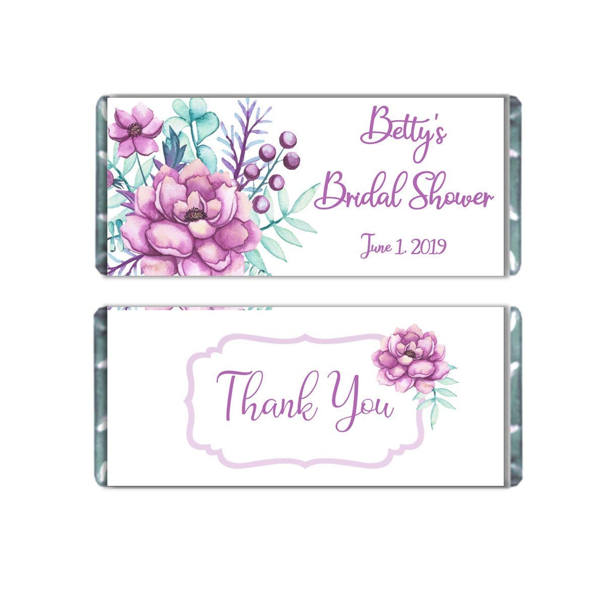 Custom Wedding Hershey Bar Wrappers - Elegant Purple Floral Design - Pack of 20 Personalized Candy Wrappers for Bridal Showers, Baby Showers & Party Favors