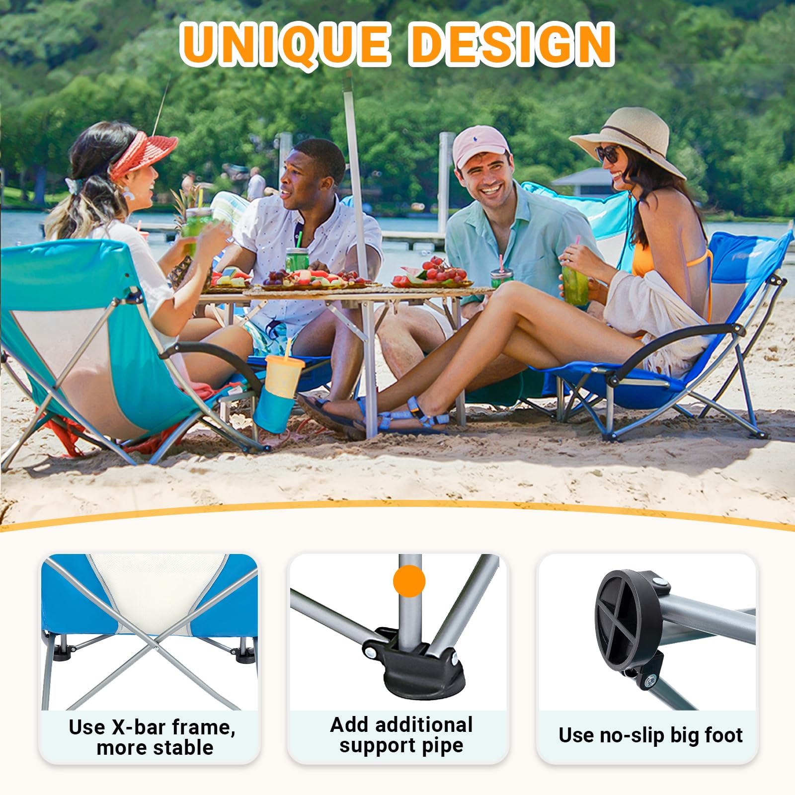 KingCamp Low Beach Chair - Portable Folding Lightweight Backpack Chair for Adults with Cup Holder & Storage Pocket - Perfect for Camping, Concerts, Festivals, Beach, Travel, Sports & Backyard Relaxation (Blue)