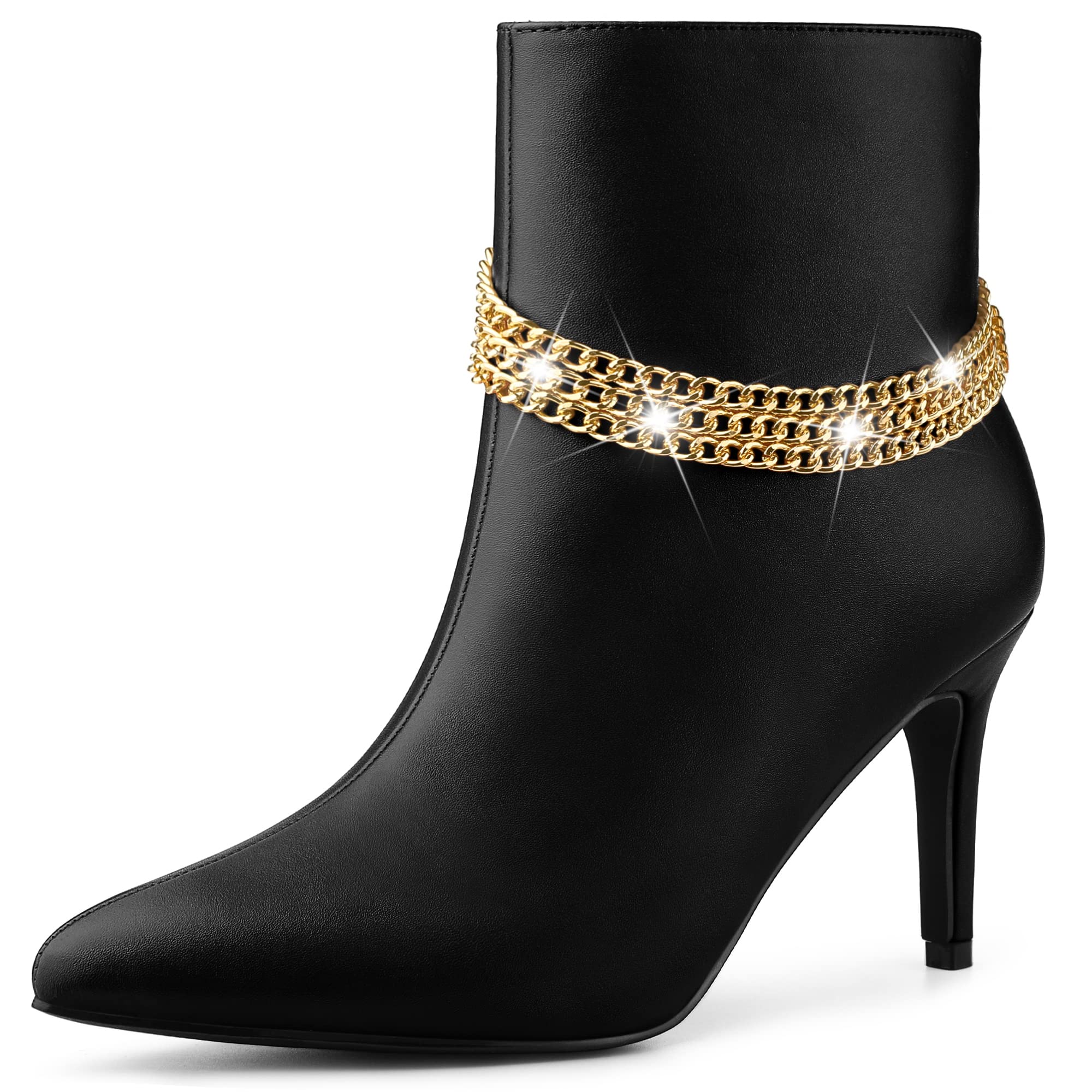 Allegra K Women's Pointed Toe Stiletto Heel Ankle Boots with Chain Detail - Fashionable High Heel Booties for Party, Night Out & Evening Wear