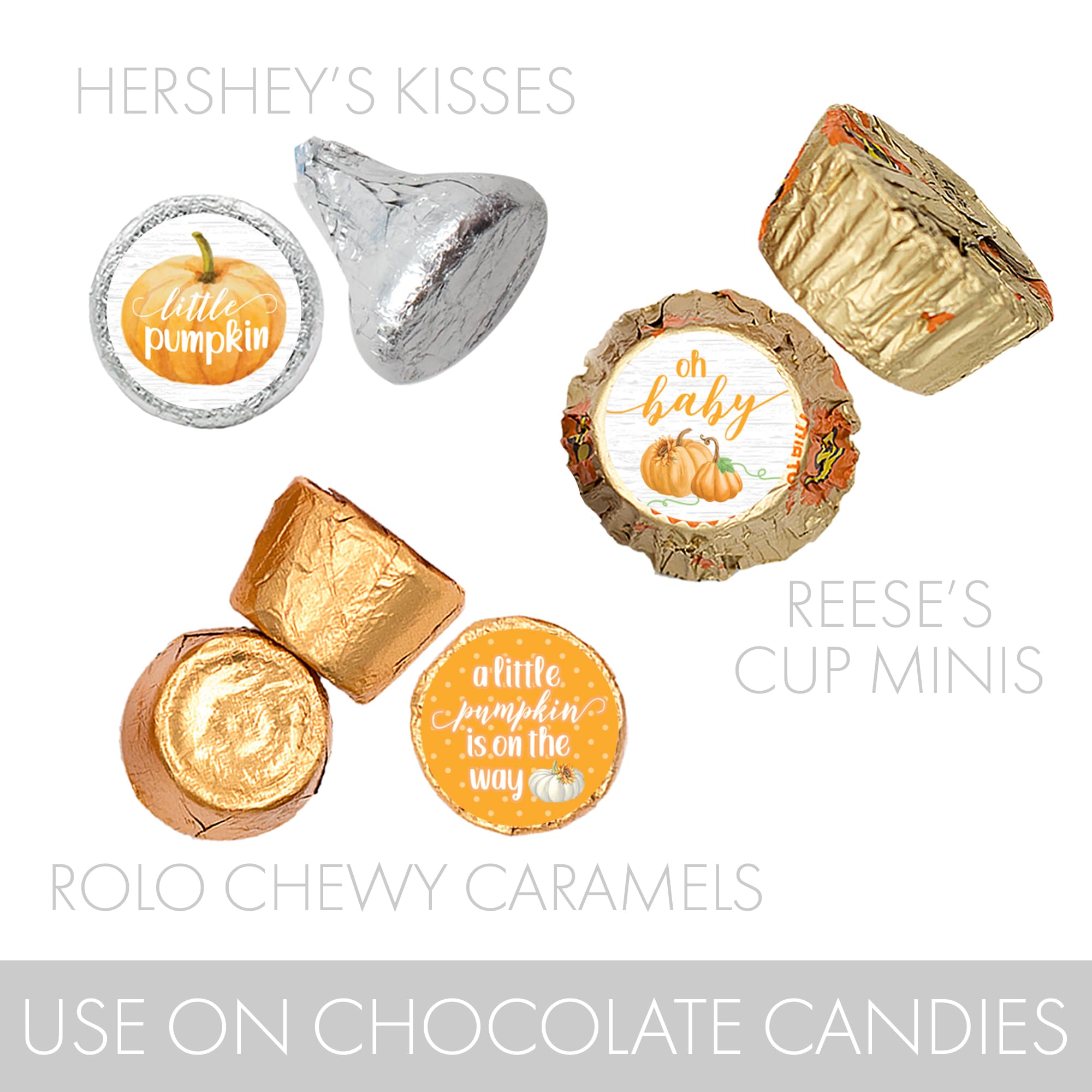 Orange Little Pumpkin Baby Shower Kisses Candy Stickers - 180 Adhesive Labels for Fall Baby Shower Party Favors, Halloween Decorations & Autumn Wedding Treats