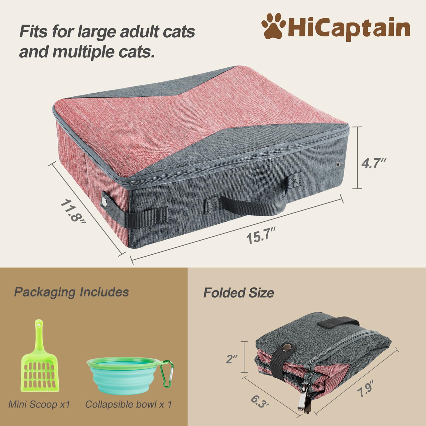 HiCaptain Portable Cat Litter Box with Lid & Handle - Collapsible Travel Litter Carrier for Cats (Medium, Pink/Gray) | Perfect for Road Trips, Camping & Vet Visits