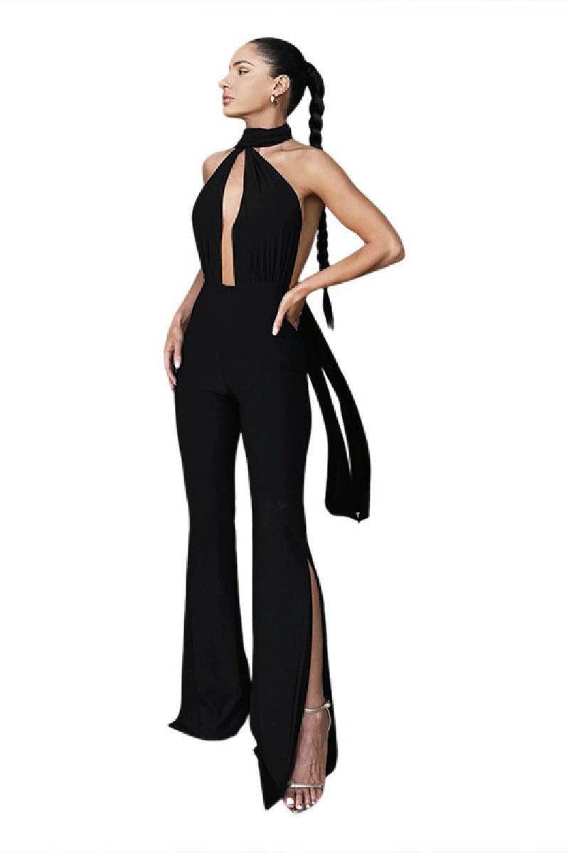 Sexy Hollow Back Jumpsuit for Women - Slim Fit Party Dress with Halter Neck & Cutout Design - Perfect for Night Out, Club, Date Night & Special Occasions (Style #729888018414)