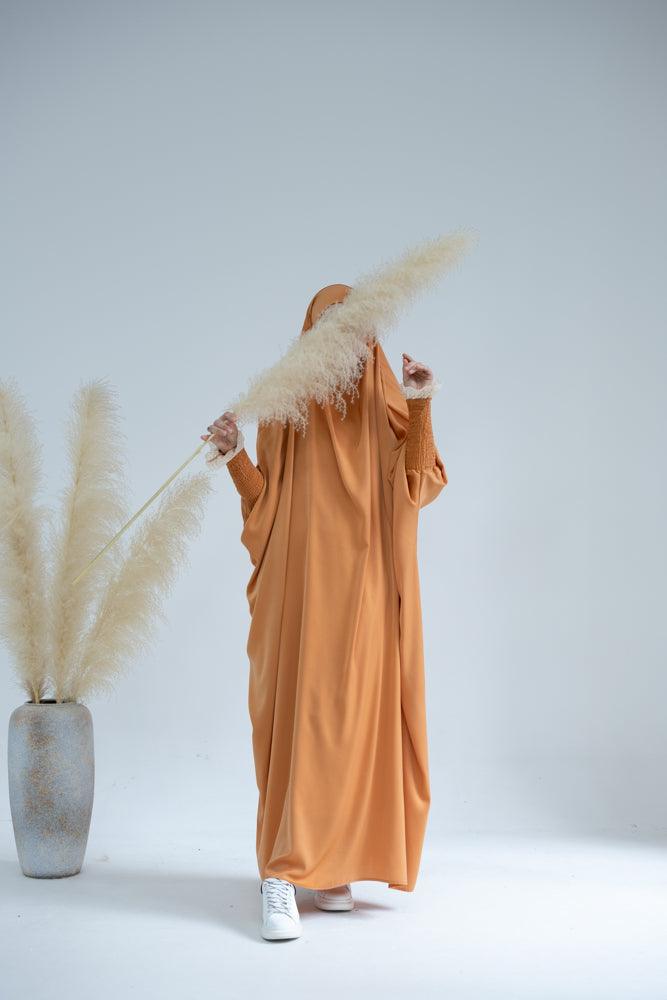 Little Gretaah Khimar Style Prayer Gown for Kids - Orange Islamic Dress with Ribbed Sleeve Cuffs - Perfect for Eid, Mosque & Religious Ceremonies