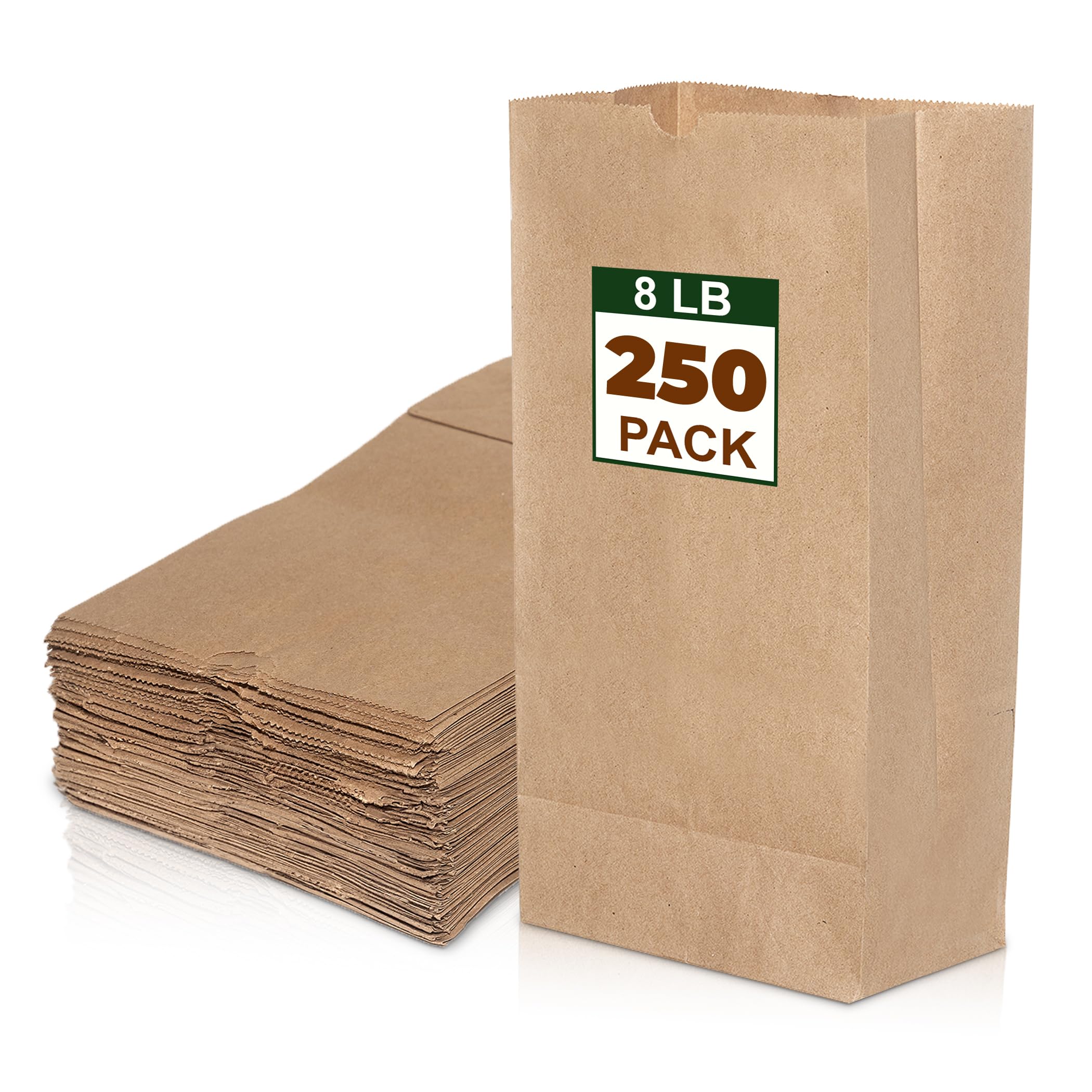 8 Lb Brown Paper Lunch Bags - 250 Pcs Bulk Disposable Kraft Paper Sacks for Grocery, Sandwich, Takeout | Eco-Friendly & Durable | Perfect for School Lunches, Picnics, Restaurants & Food Packaging