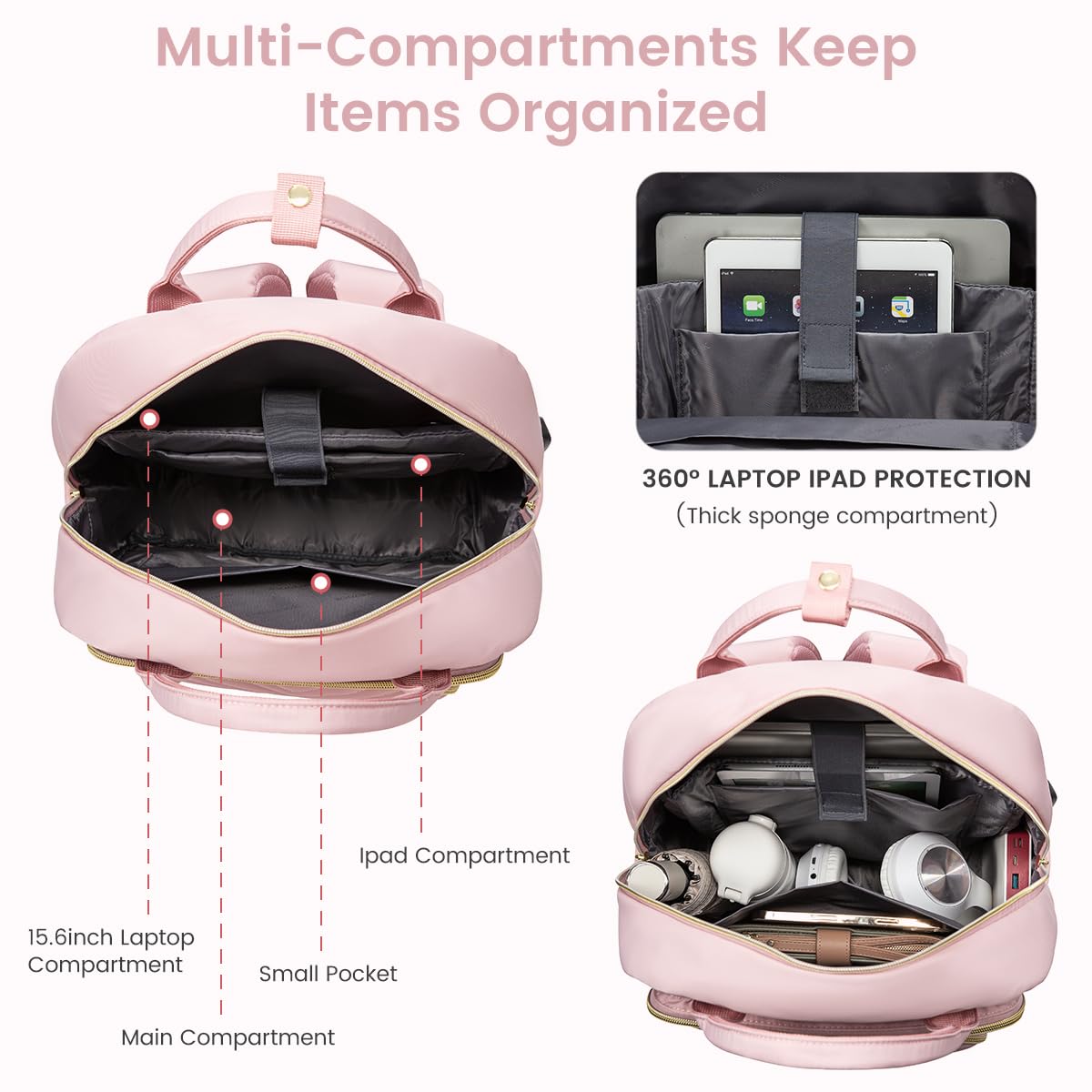 LOVEVOOK 15.6 Inch Laptop Backpack for Women - USB Charging Port, Waterproof Work Backpack, Teacher School Bag, Travel Daypack - Perfect for Office, College, Commuting & Business Trips (Pink)