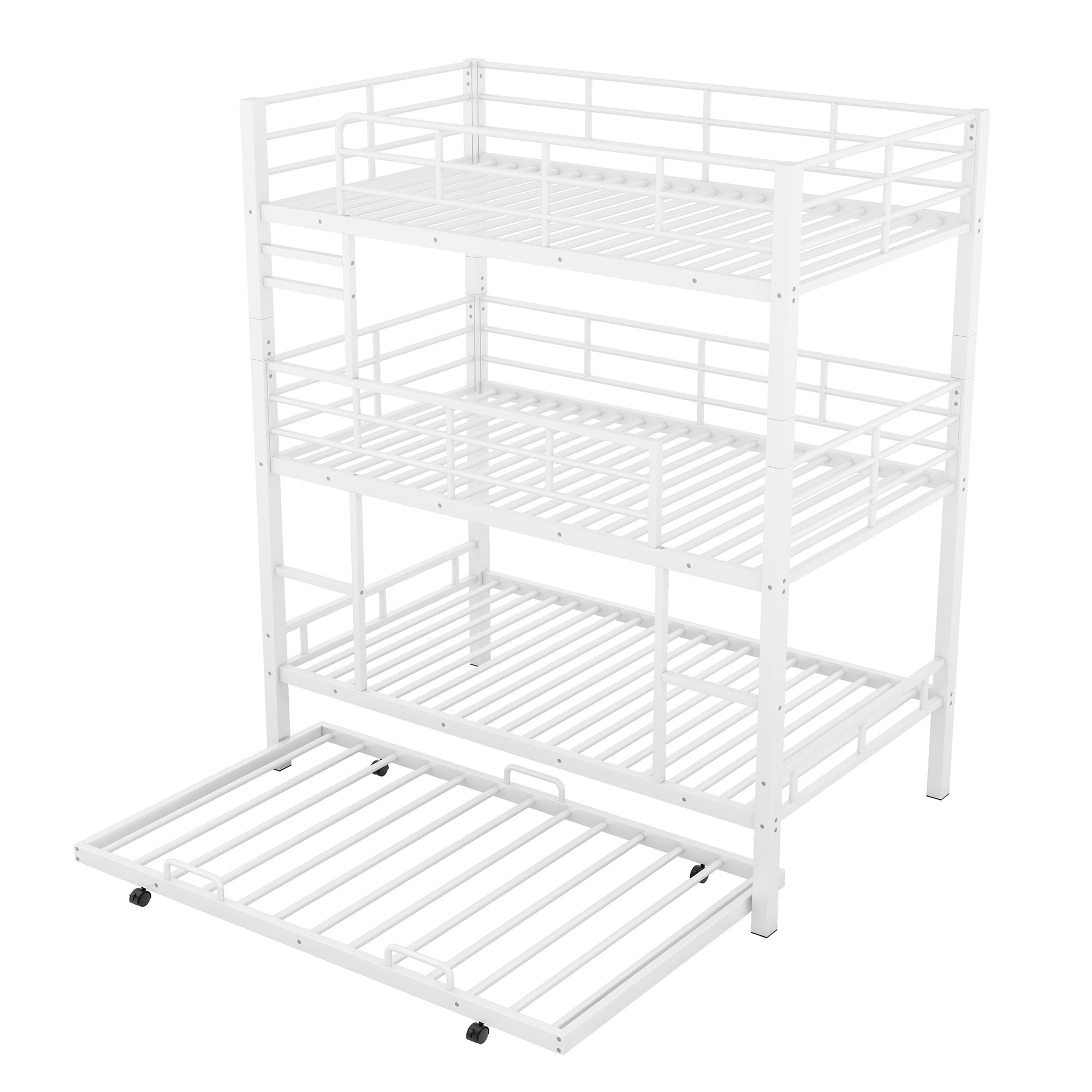 BOVZA White Metal Triple Twin Bunk Bed with Trundle - Twin Over Twin Over Twin 3 Tier Bunk Bed for 4 People, Convertible to 3 Separate Beds, Includes 2 Ladders & Guardrails - Perfect for Kids, Teens, Dorms, Small Bedrooms & Space-Saving Solutions