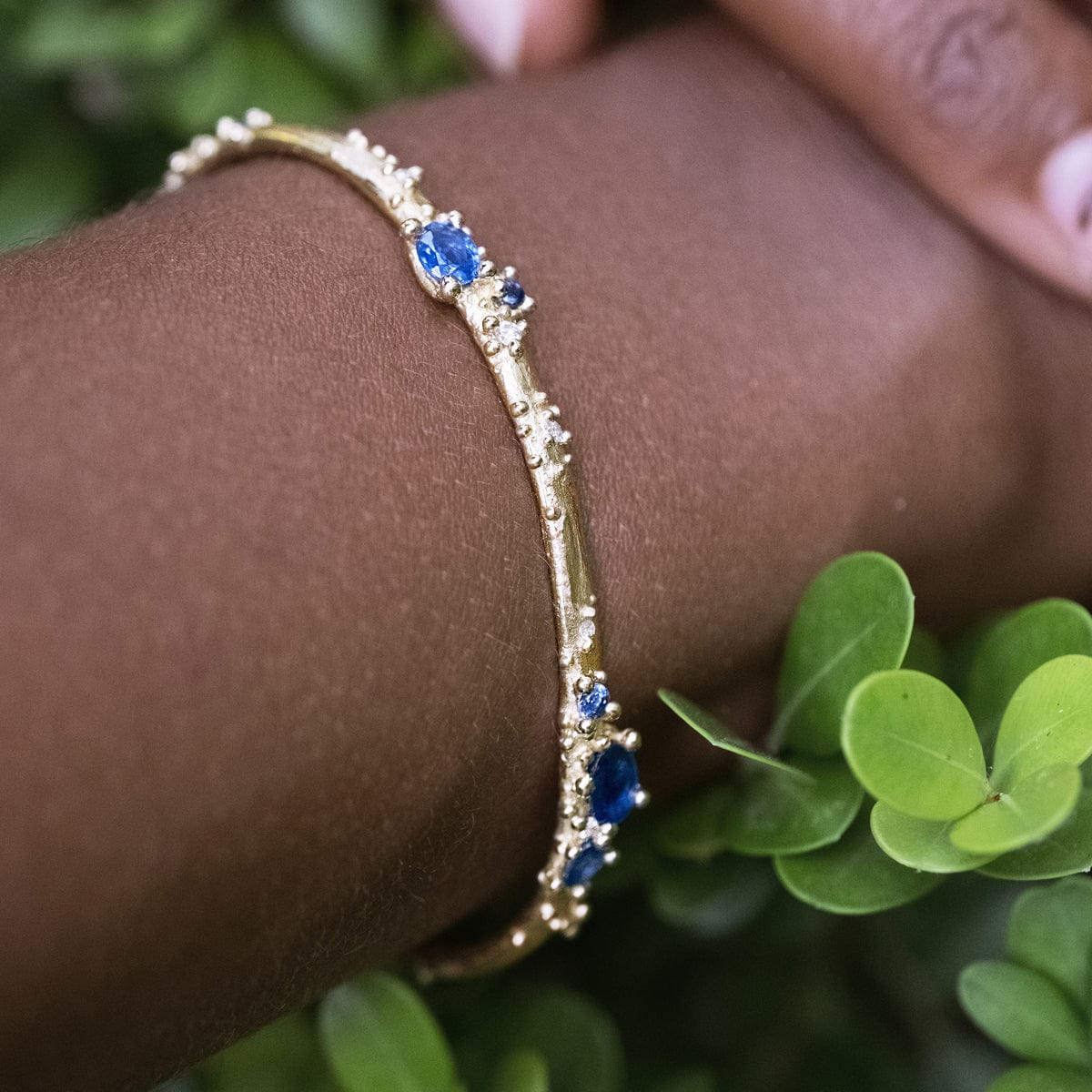 Exquisite 14K Gold Cuff Bracelet with Genuine Sapphire & Diamond Accents - Perfect for Weddings, Anniversaries & Special Occasions
