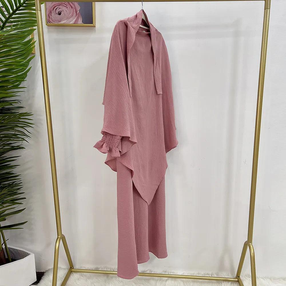2-Piece Abaya Khimar Set - Long Triangle Hijab & Smocked Cuff Dress for Women | Islamic Modest Wear for Prayer, Mosque & Special Occasions