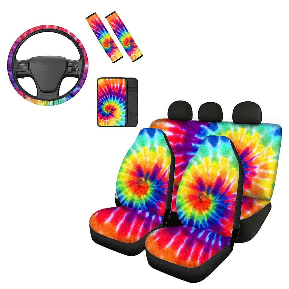 Stylish Tie Dye Car Seat Covers for Women - Universal Fit for SUV, Van, Sedan - Complete Auto Accessories Set with Seatbelt Pads, Steering Wheel Cover & Armrest Protector - Perfect for Road Trips, Commuting & Car Interior Protection
