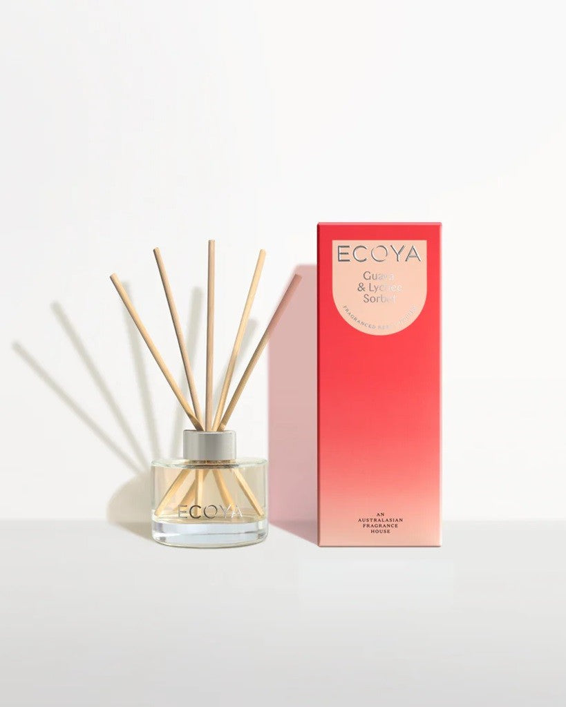 Ecoya Mini Reed Diffuser 50ml - Natural Aromatherapy Essential Oil Diffuser with Guava & Lychee Fragrance for Home, Office, Bedroom, Bathroom Decor & Relaxation