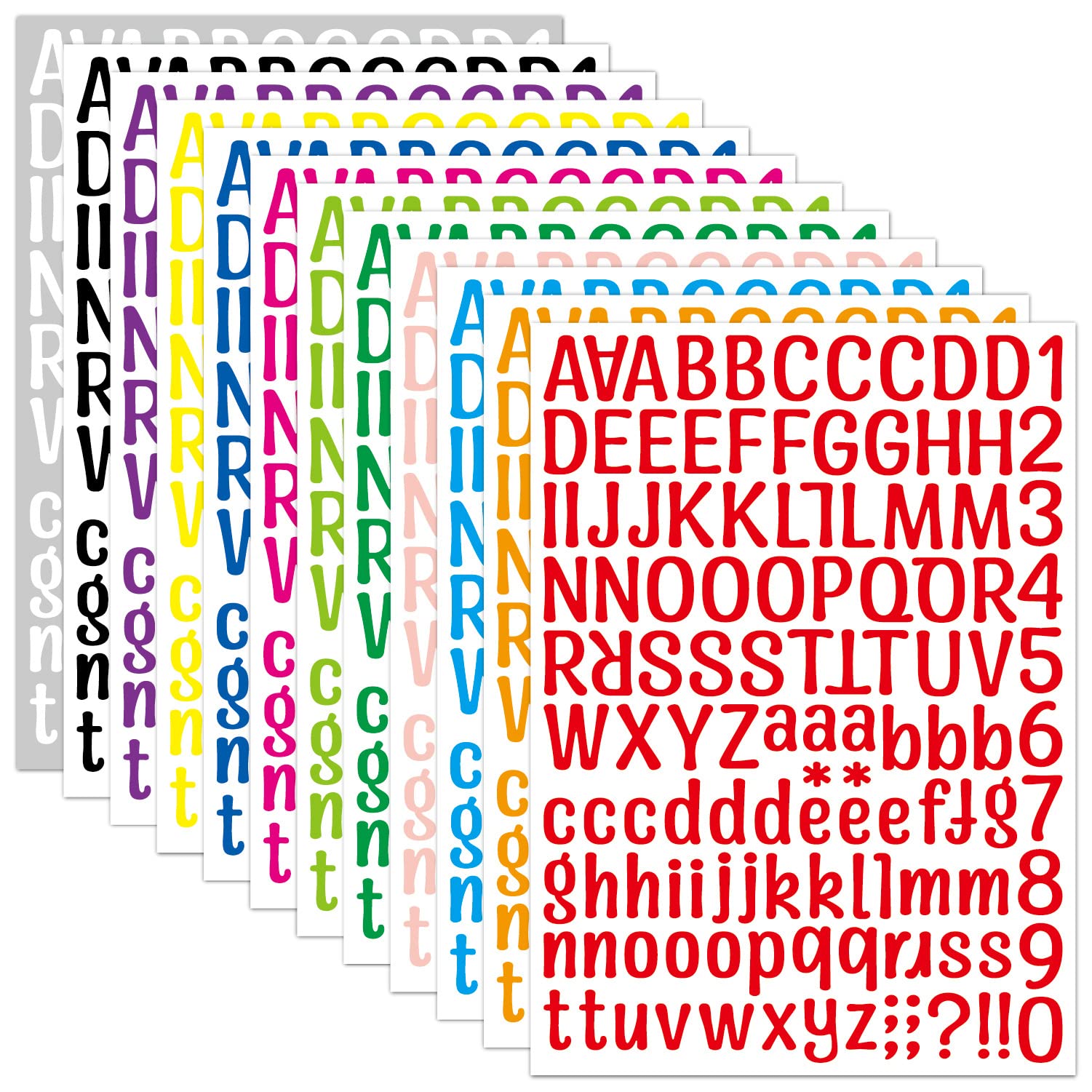 12 Sheets Alphabet Letter Stickers - 1516 Self-Adhesive Vinyl ABC Number Decals in 12 Vibrant Colors for DIY Scrapbooking, Gift Wrapping, Notebook Decoration & Sign Making (A4 Font) - Perfect for Craft Projects, School Supplies & Home Decor
