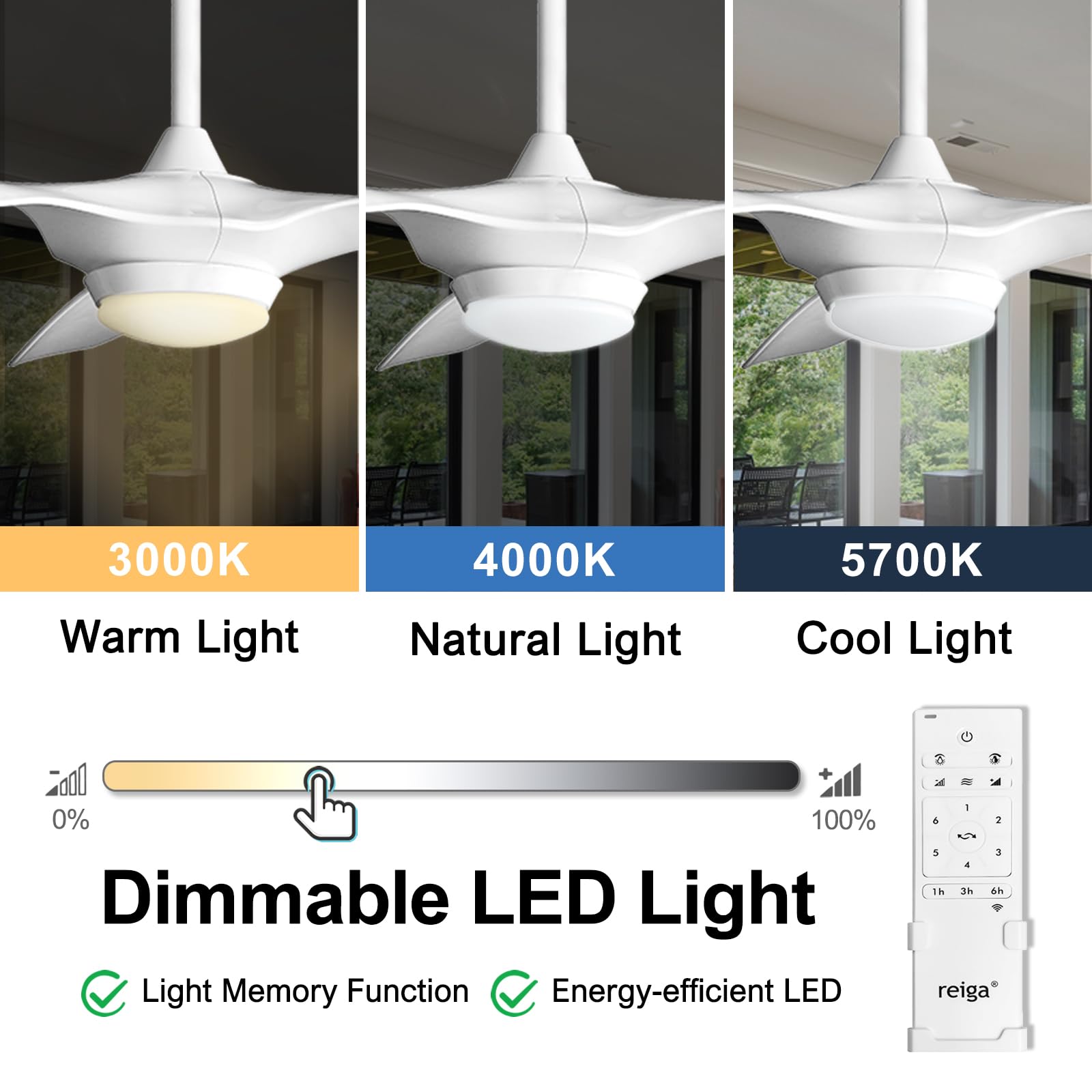 Reiga 52 Inch Ceiling Fan with Remote Control - Bright White, Dimmable LED Light, 6 Speed DC Motor, Reversible Modern Blades, Timer - Perfect for Living Room, Bedroom & Outdoor Patio