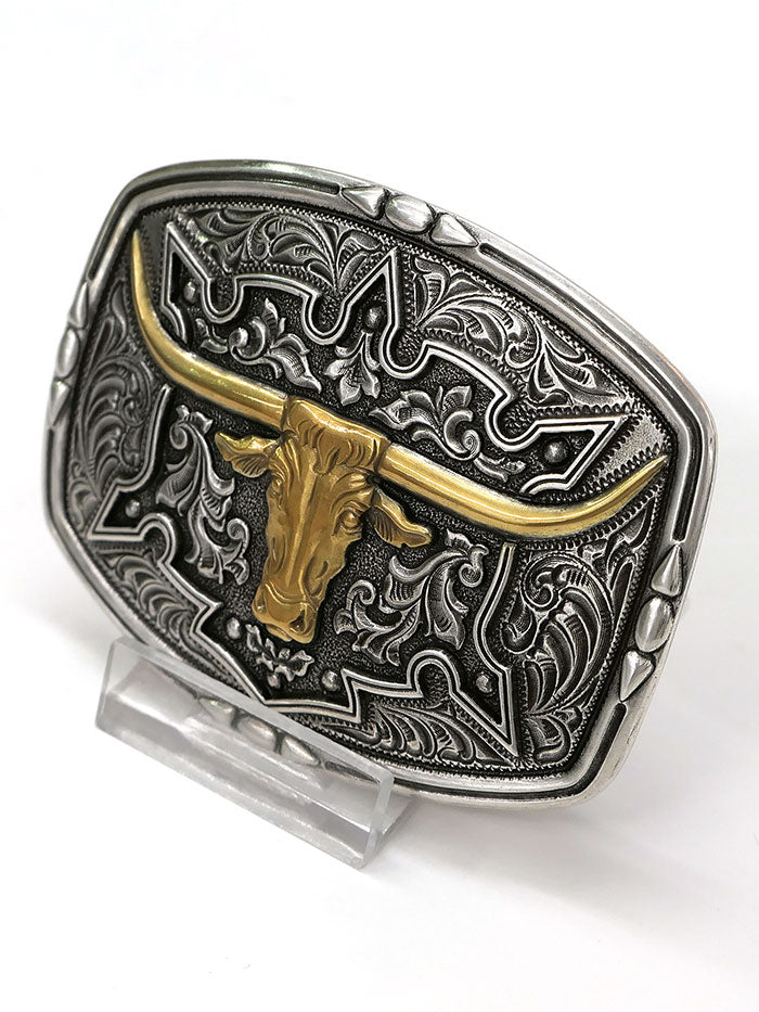 Nocona 37688 Engraved Floral Longhorn Head Western Belt Buckle for Men - Western Style Cowboy Accessories for Rodeo, Country Music Festivals & Ranch Wear