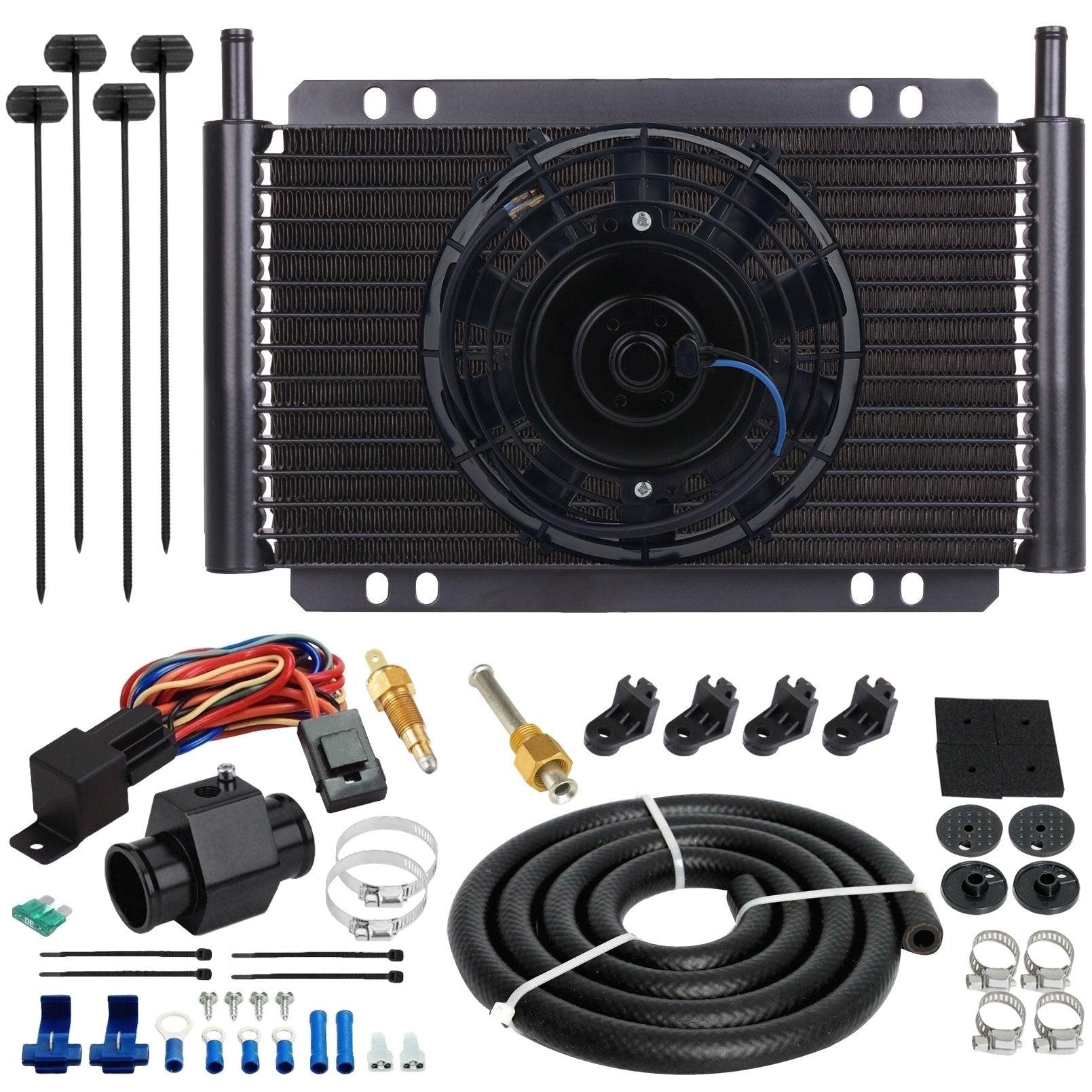 17 Row Transmission Oil Cooler Kit with Electric Fan, Hose Line & Ground Temp Switch - Perfect for Off-Road, Towing & High-Performance Vehicles