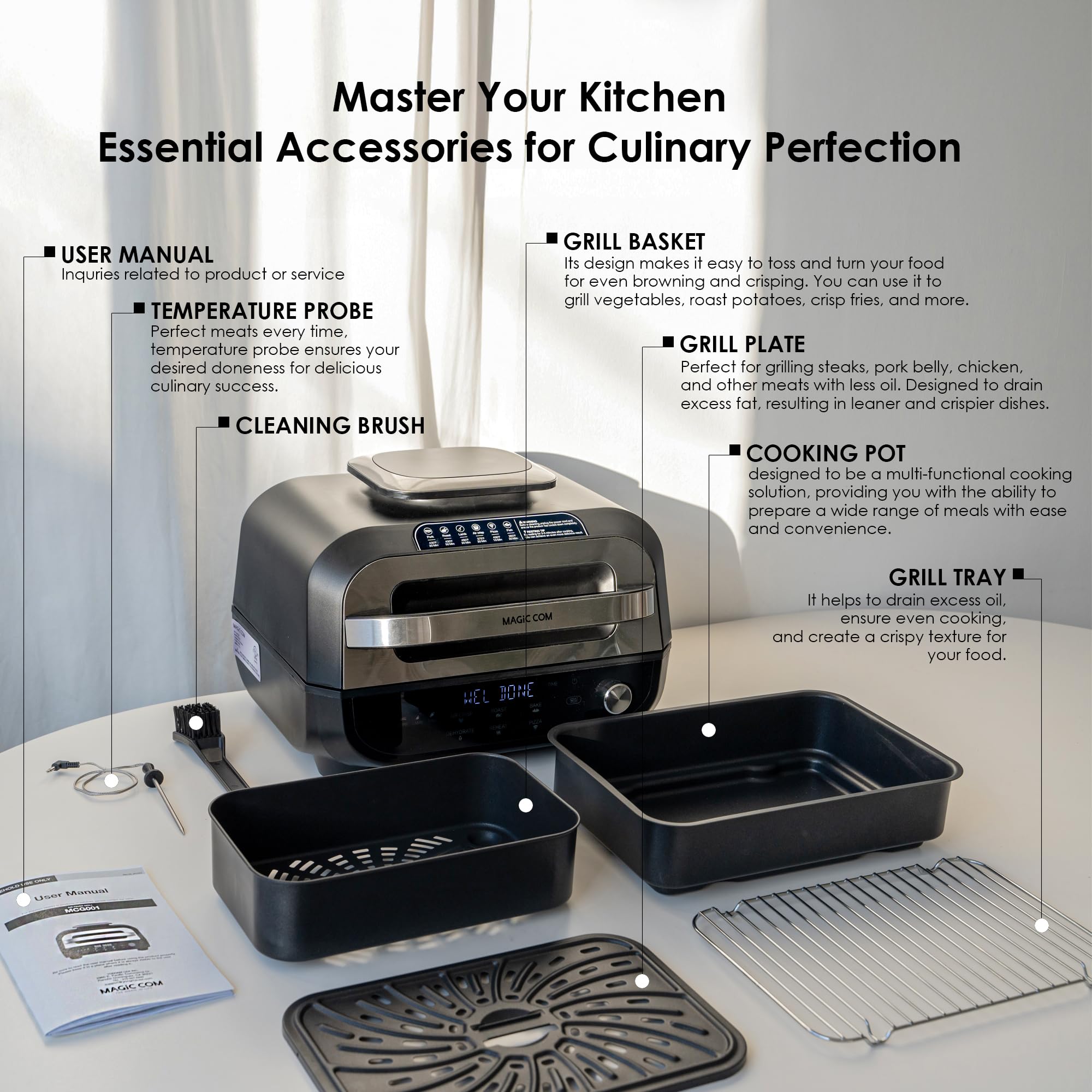MAGiC COM 7-in-1 Indoor Electric Grill & Air Fryer - Smart Grill with Steak, Roast, Bake, Air Crisp, Dehydrate, Pizza & Reheat Functions | Non-Stick, Dishwasher Safe & Smart Thermometer Included | Perfect for Healthy Cooking, Family Dinners & Quick Meals (Black)