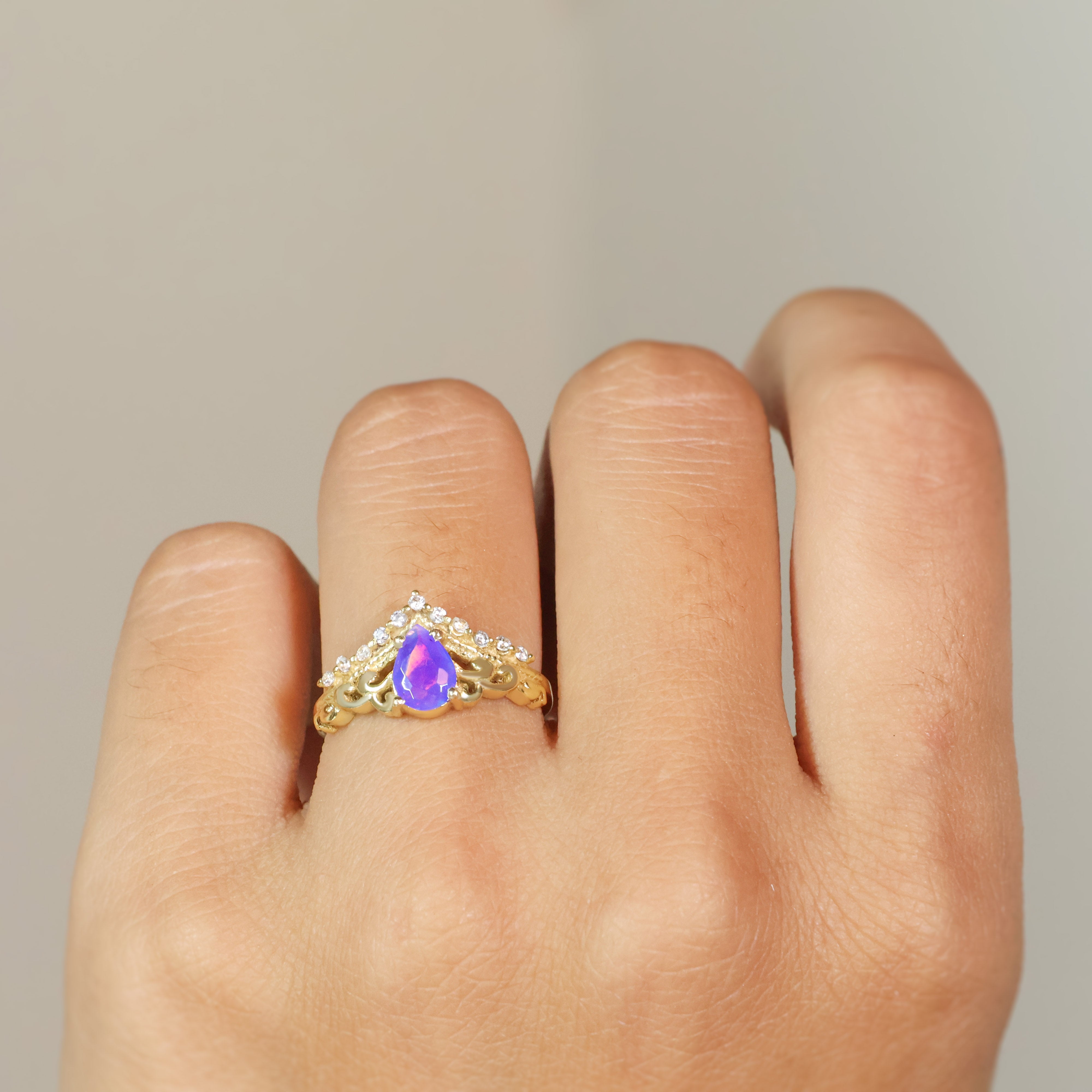Lavender Ethiopian Opal Gemstone Crown Style Ring – Elegant Handmade Jewelry for Women, Perfect for Weddings, Parties & Special Occasions