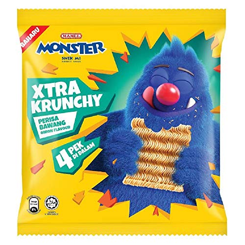 Mamee Monster Xtra Krunchy Noodles Snacks - Crunchy Onion Flavor (4 x 25g, 16 Count Pack) | Perfect for Lunchboxes, School Snacks & On-the-Go Munching