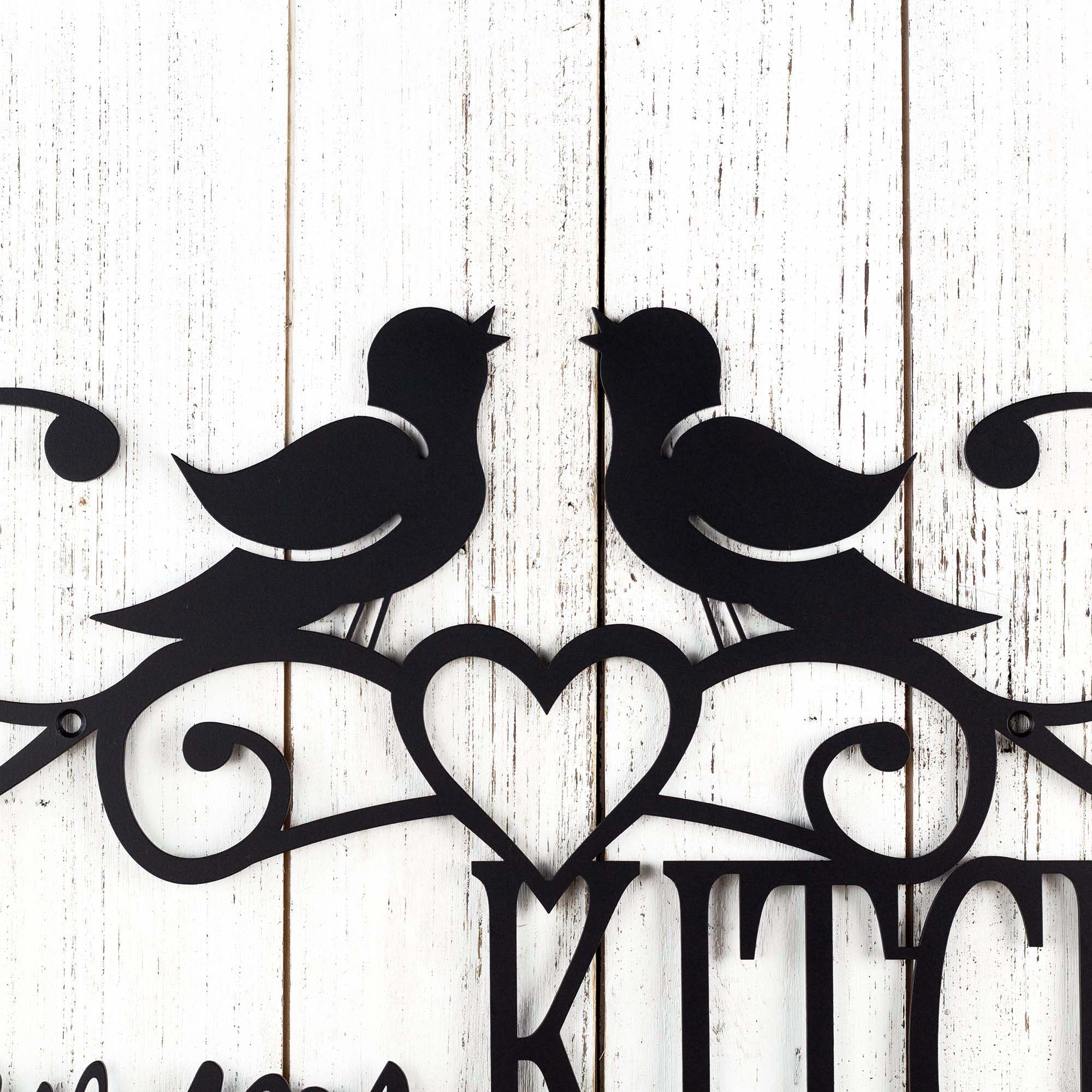 Custom Metal Kitchen Name Sign with Birds, Heart & Scrolls - Personalized Home Decor for Farmhouse, Rustic & Country Style Kitchens