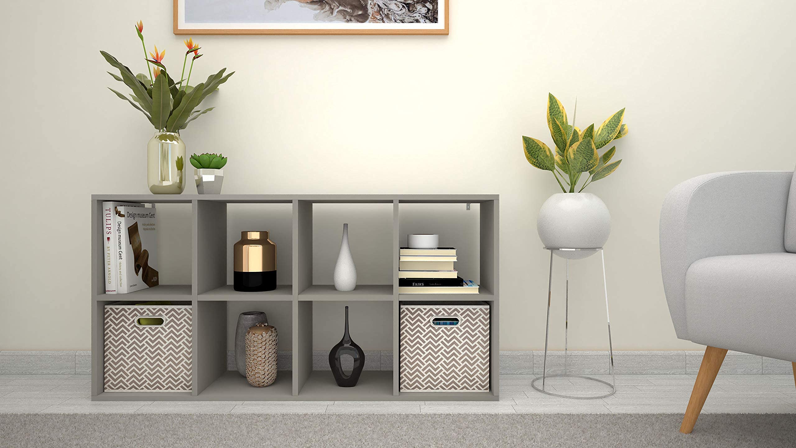 Letmobel 8-Cube Storage Organizer Shelf - DIY Bookcase for Bedroom, Living Room, Office | Modular Cube Shelf Unit with Grey Fabric Bins | Perfect for Home Organization, Kids Toys, Books & Decor Storage