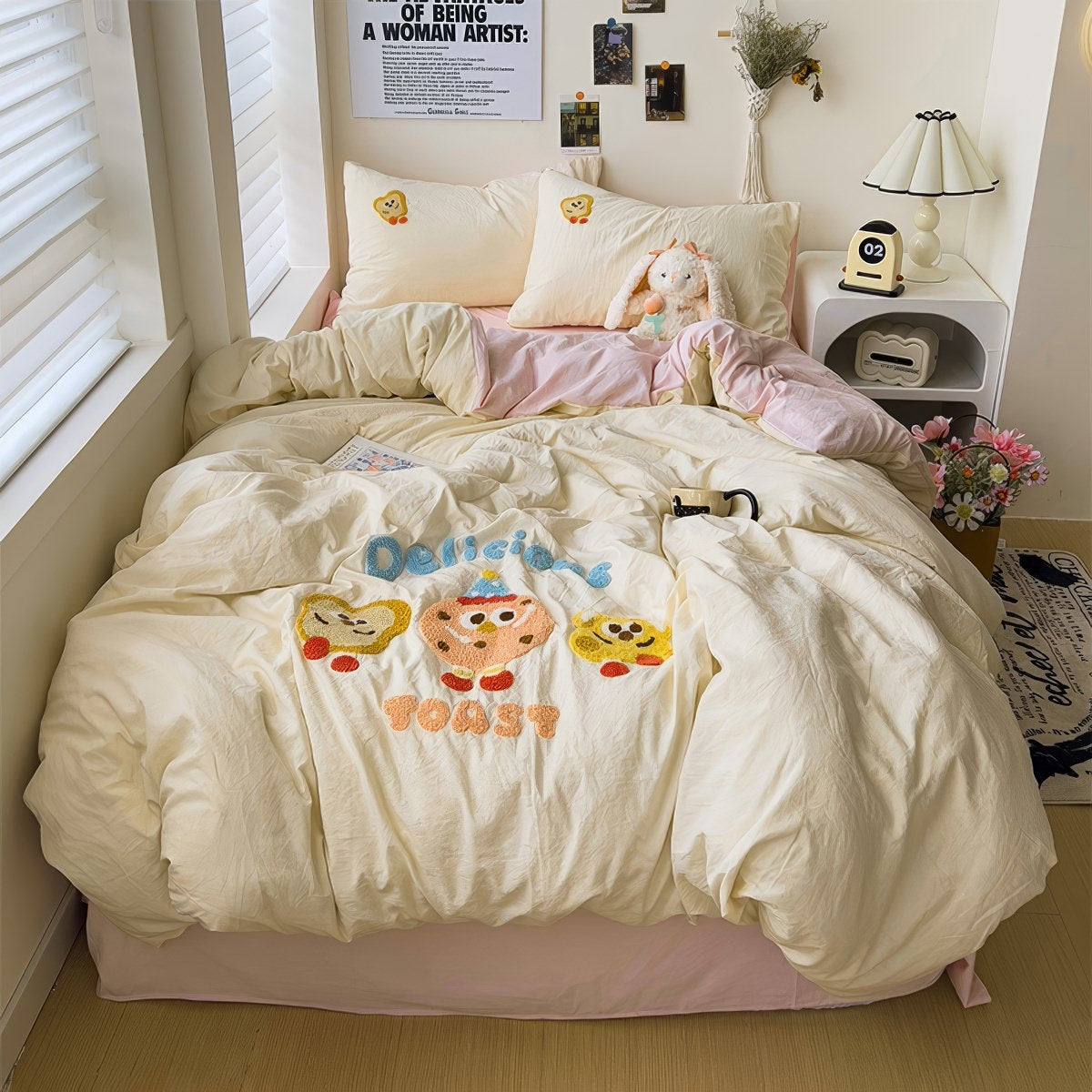 Cartoon Embroidered Toast Bread Bedding Set - Cute Breakfast Themed Duvet Cover & Pillowcase - Perfect for Kids' Room Decor & Themed Bedroom Design