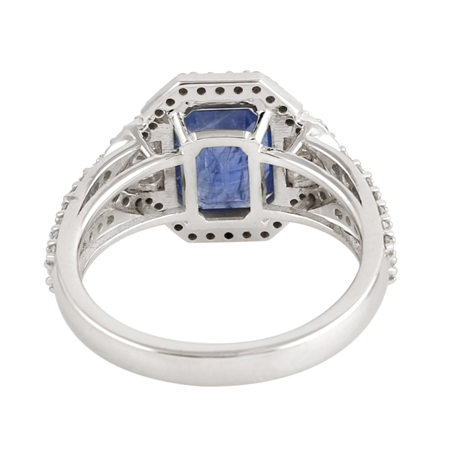 Emerald Cut Sapphire & Rose Cut Diamond Solitaire Ring in 14K White Gold for Women - Perfect for Engagement, Anniversary & Special Occasions
