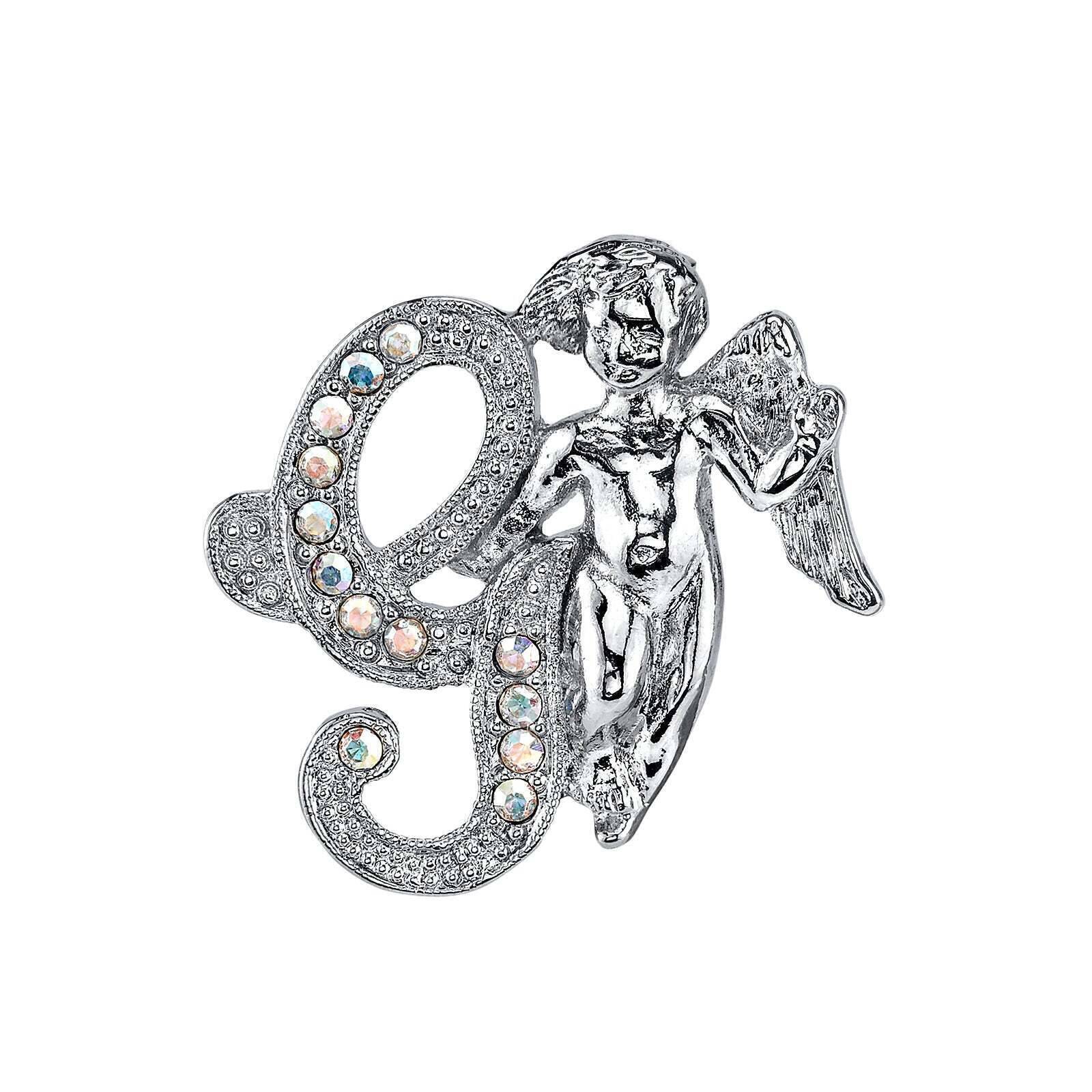 1928 Jewelry Aurore Boreale Crystal Angel Initial Pin - Elegant Personalized Initial Brooch for Women, Gift for Her, Perfect for Weddings, Anniversaries & Special Occasions