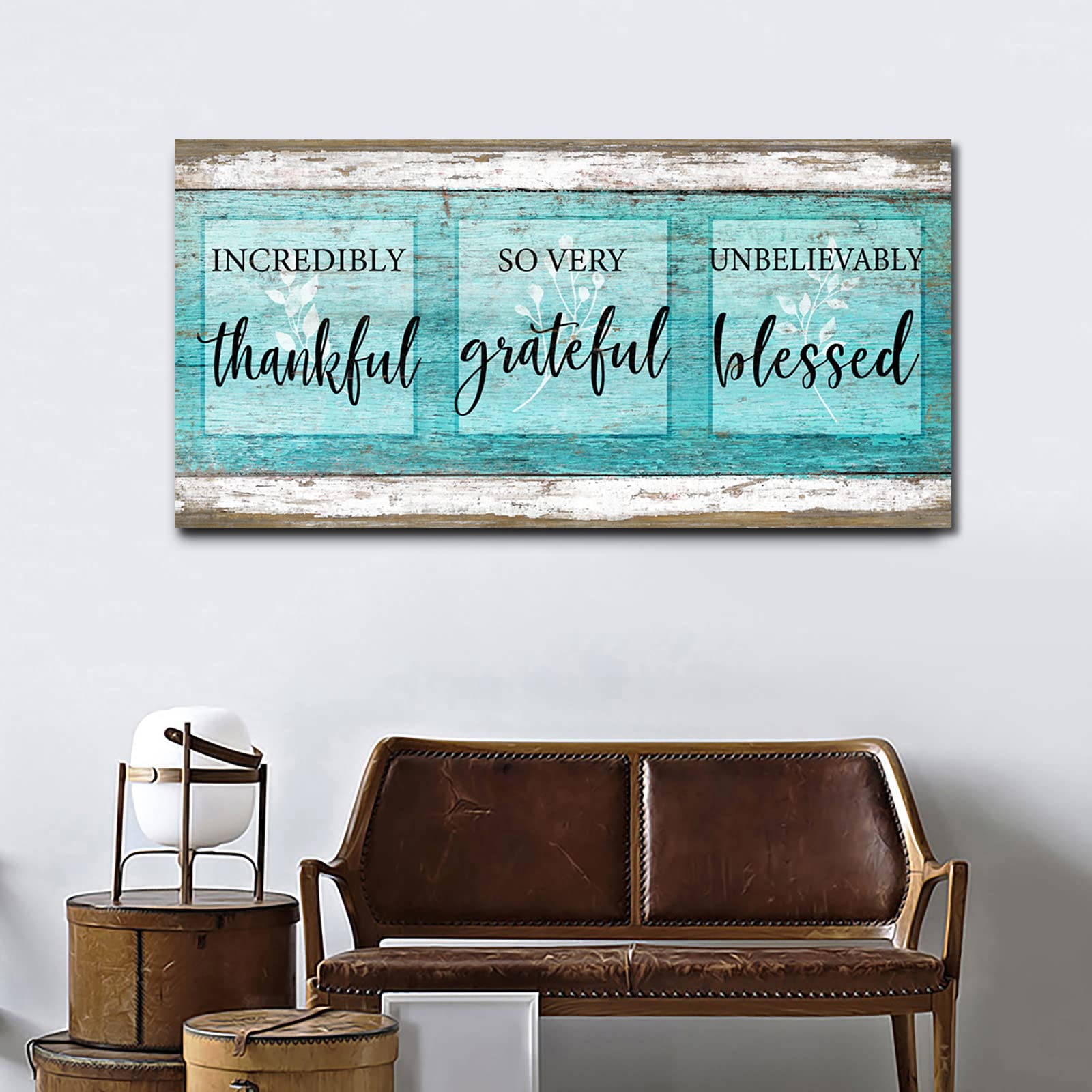 Large Framed Canvas Wall Art - Inspirational 'Thankful Grateful Blessed' Quote Print in Teal Blue (24x48 Inches) for Living Room, Bedroom, Kitchen & Office Decor | Perfect for Home, Family Spaces & Gift Giving