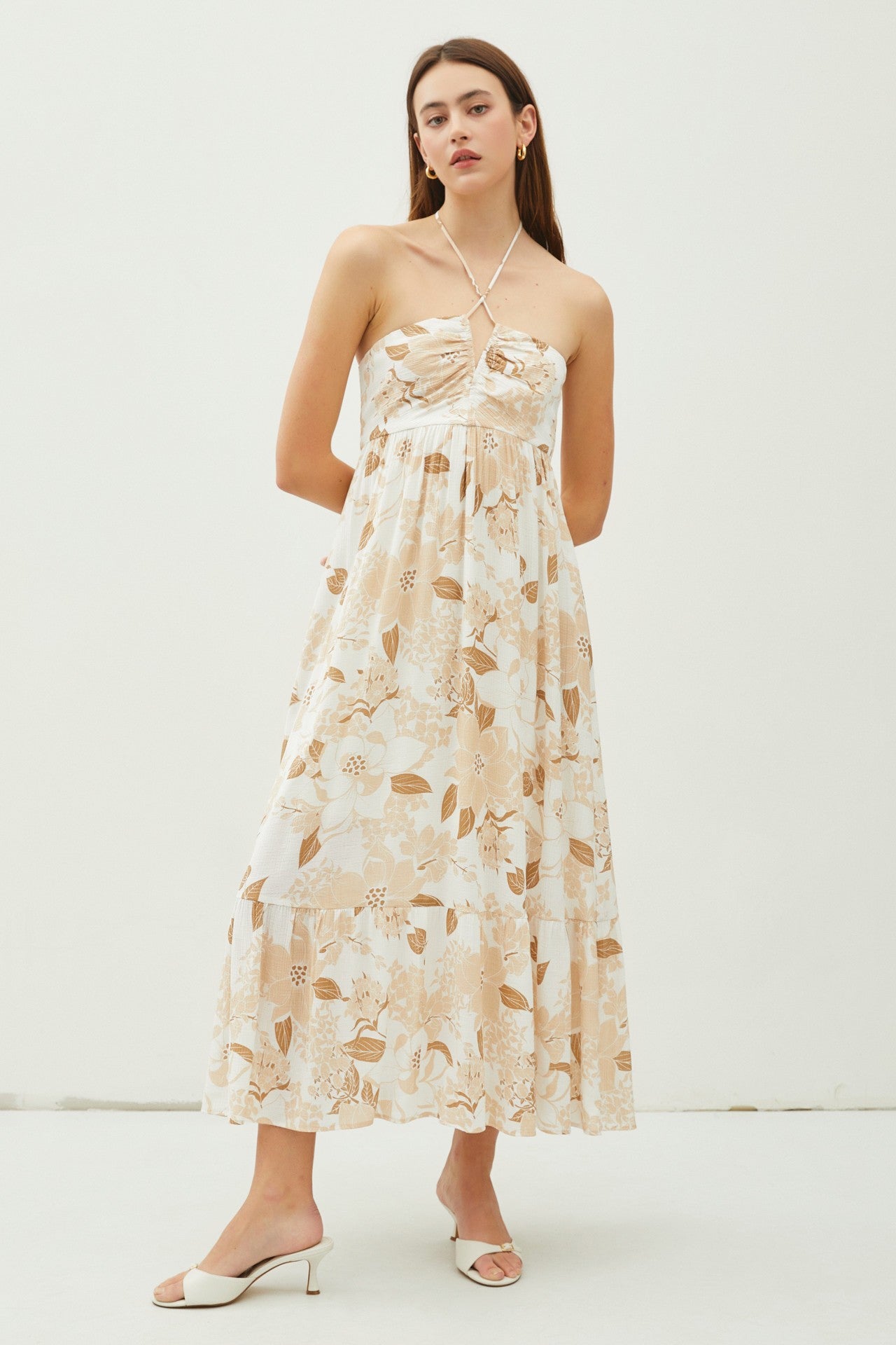 Beige Floral Ruched Front Halter Maternity Midi Dress for Pregnancy Photos, Baby Showers & Special Occasions
