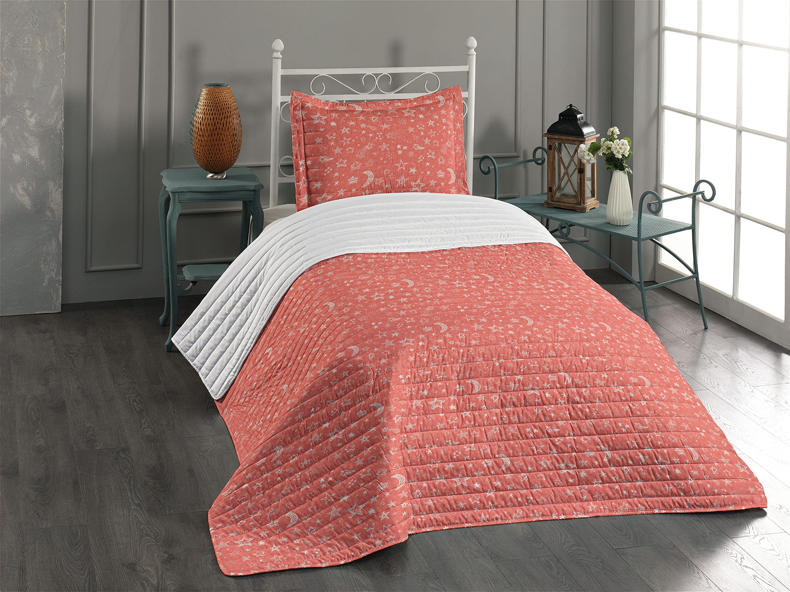 Ambesonne Star Microfiber Bedspread Set - Moon & Stars Galaxy Theme, Soft Twin Size Bedding with Pillow Sham & Comforter in Coral White | Perfect for Kids Room, Nursery, or Space-Themed Bedroom Decor