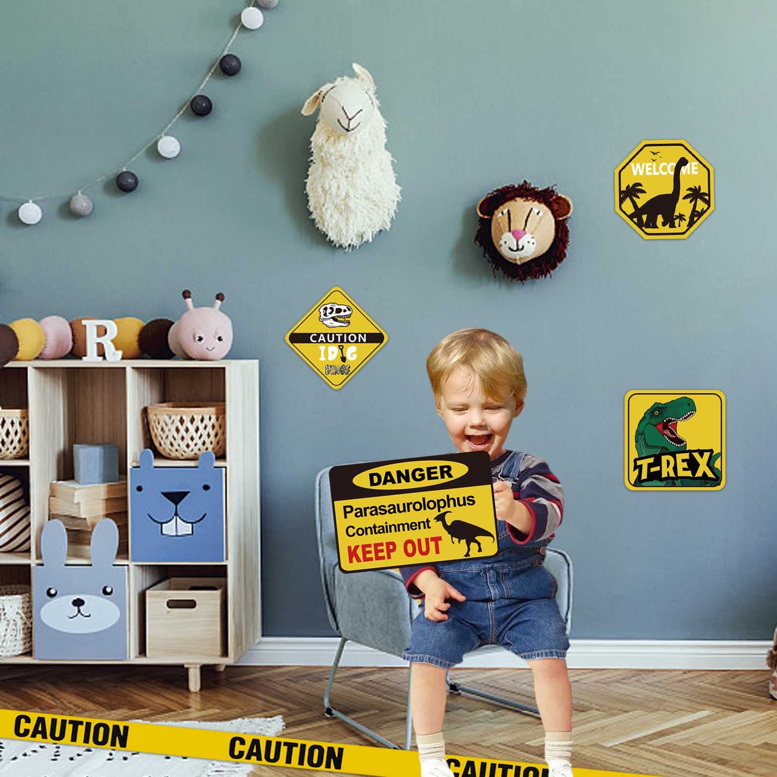 13-Piece Dinosaur Birthday Party Decorations Set - Dino Theme Party Supplies for Boys, Kids Birthday & Baby Shower - 11.8 Inch Wall Signs with Yellow Caution Tape - Perfect for Indoor/Outdoor Decorations & Themed Events