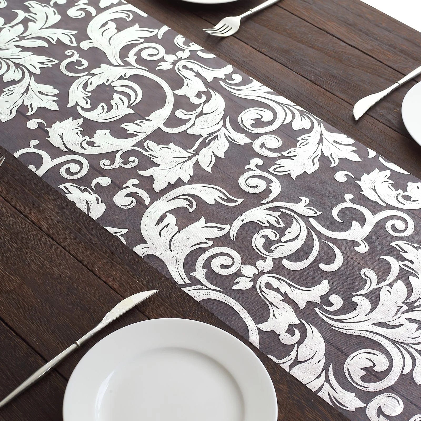 12-Pack 108-Inch Metallic Sheer Organza Table Runners with Elegant Swirl Floral Design - Perfect for Weddings, Parties, and Holiday Decorations