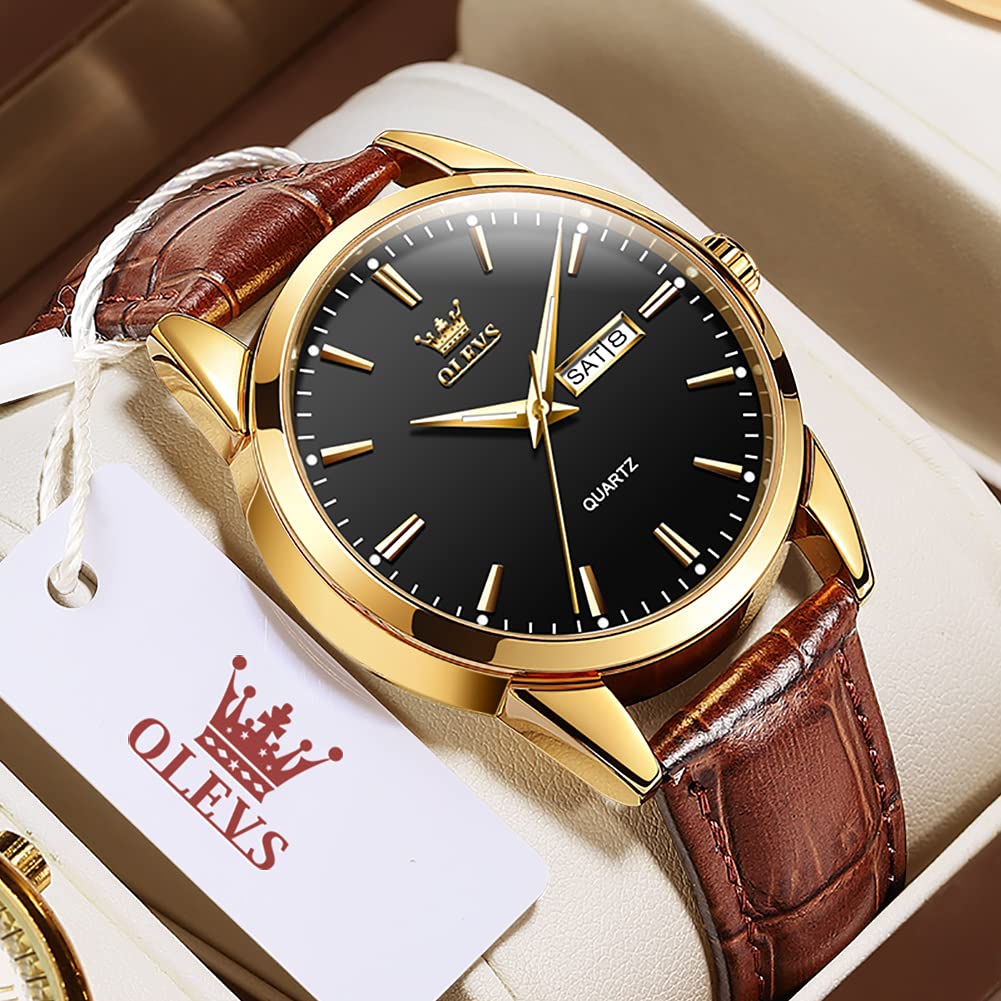 OLEVS Men's Brown Leather Watch - Rose Gold Quartz, Waterproof, Luminous for Daily Wear & Dress