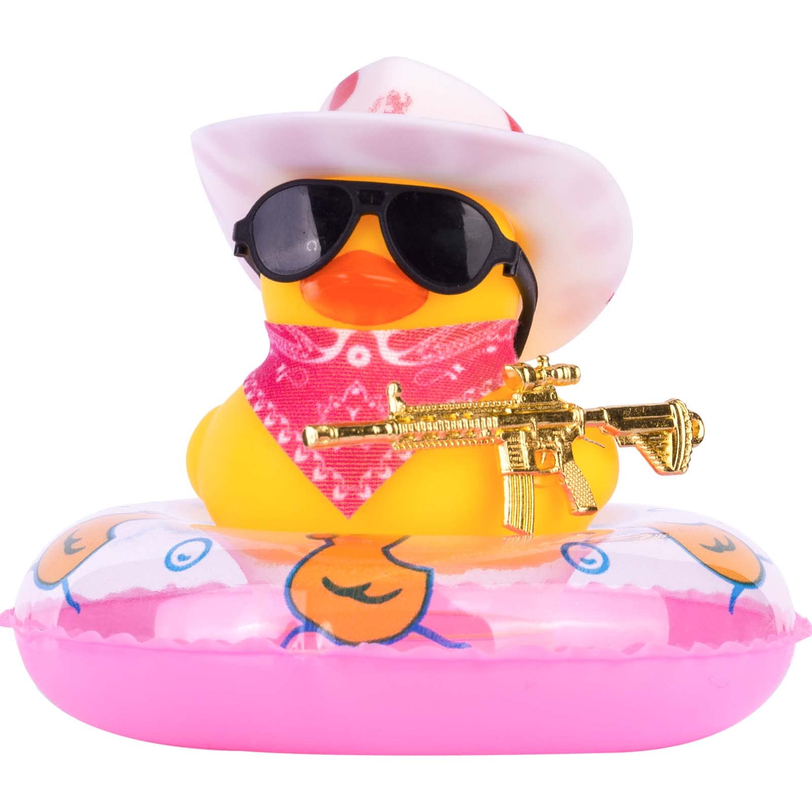 Funny Cowboy Duck Car Dashboard Decorations - Mini Rubber Duck with Swim Ring, Sun Hat, Sunglasses & Scarf - Cute Car Accessories for Dashboard, Office Desk or Party Decor