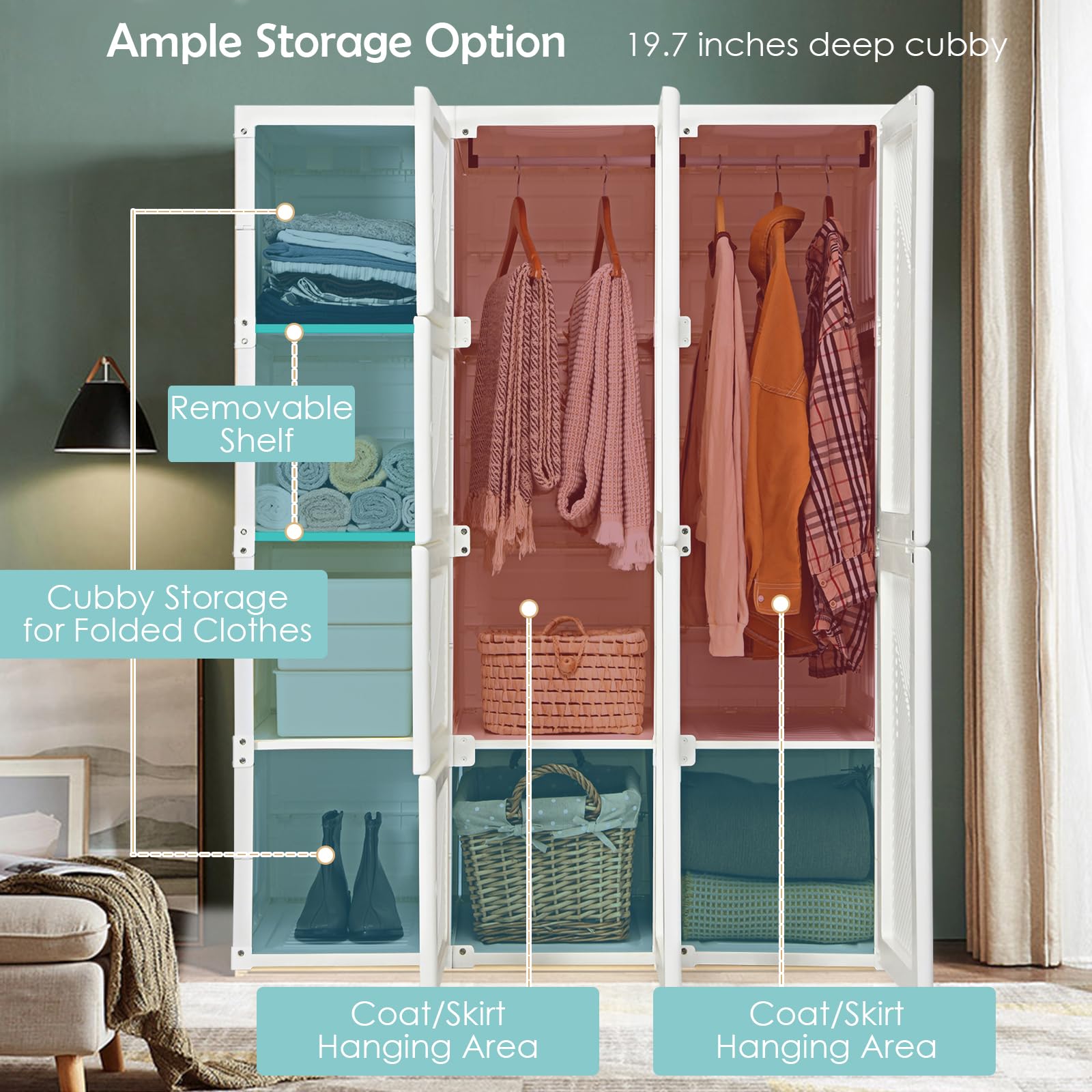Tangkula Portable Closet Wardrobe - Foldable Clothes Organizer with 8 Storage Cubbies & 2 Hanging Rods, Easy Assembly Magnetic Door Clothing Storage for Bedroom, Closet, Dorm, Apartment | Space Saving Wardrobe Solution for Small Spaces