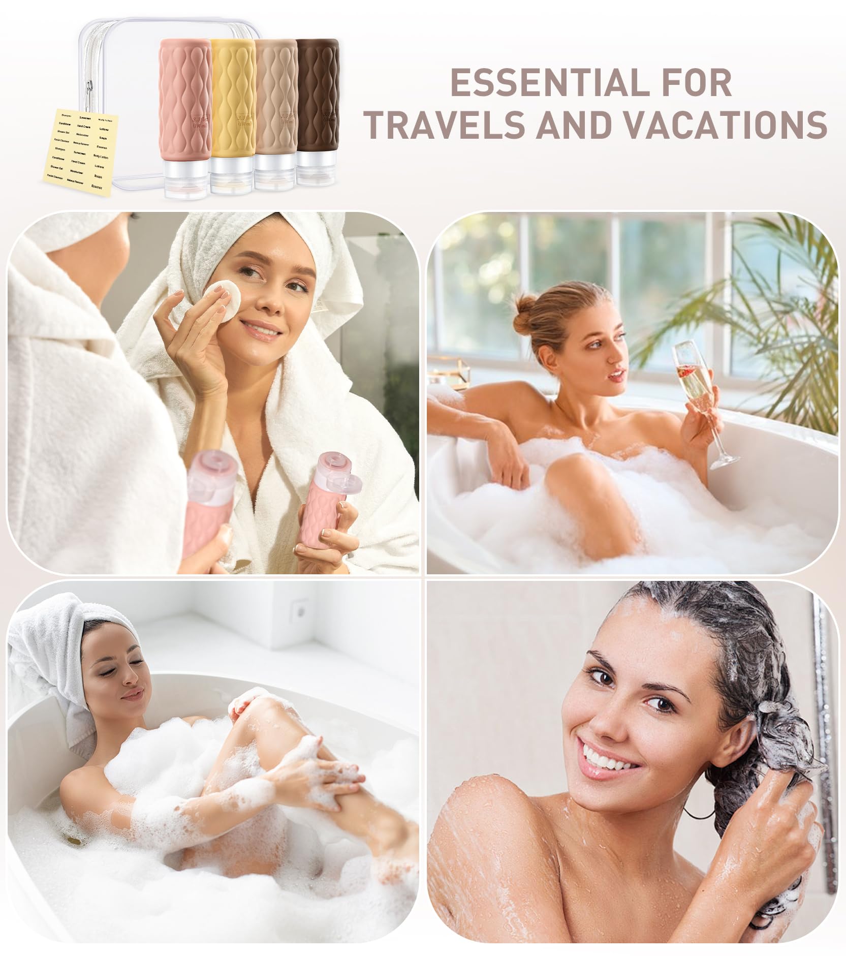 TSA Approved 3.4 oz Silicone Travel Bottles for Shampoo & Toiletries - Leak Proof Portable Containers with Clear Toiletry Bag & Labels - Perfect for Air Travel, Gym, Camping & Vacation Essentials
