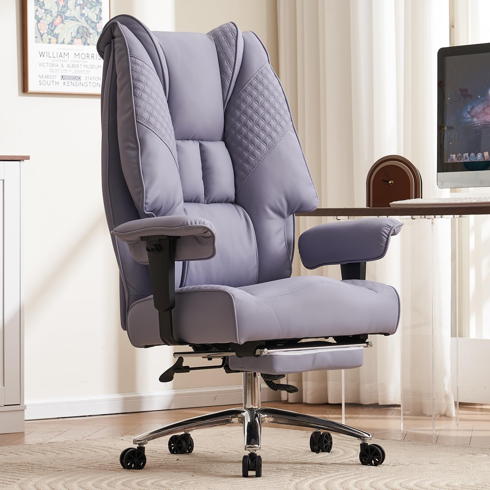 Big and Tall Office Chair 400lbs Capacity - Wide Seat Leather Executive Chair with Adjustable Footrest & Lumbar Support - Ergonomic High Back Desk Chair for Back Pain Relief (Light Purple) - Perfect for Home Office, Gaming, and Long Work Sessions