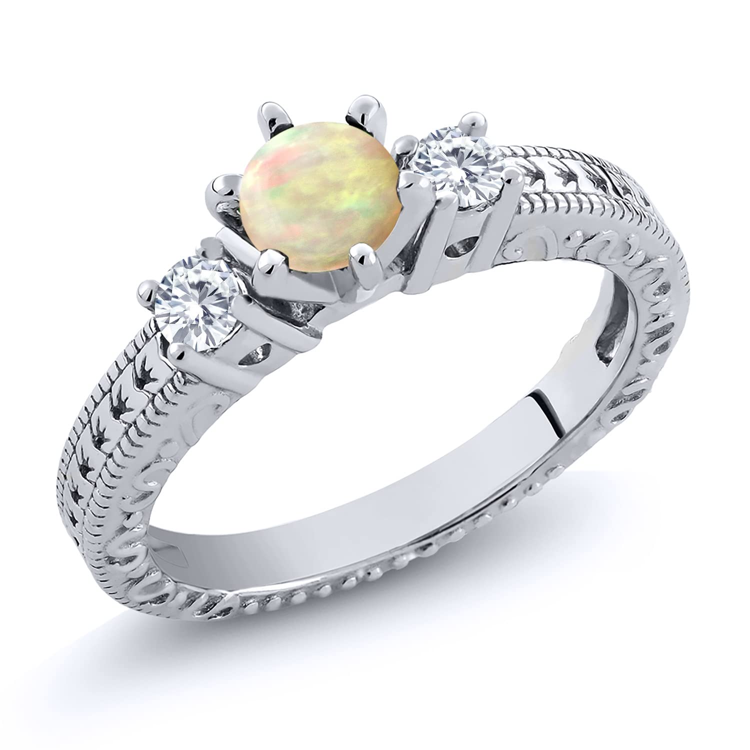 925 Sterling Silver 3-Stone Ring with Round White Ethiopian Opal & Moissanite (0.50 CTTW) - Elegant Jewelry for Women, Perfect for Engagement, Anniversary & Special Occasions