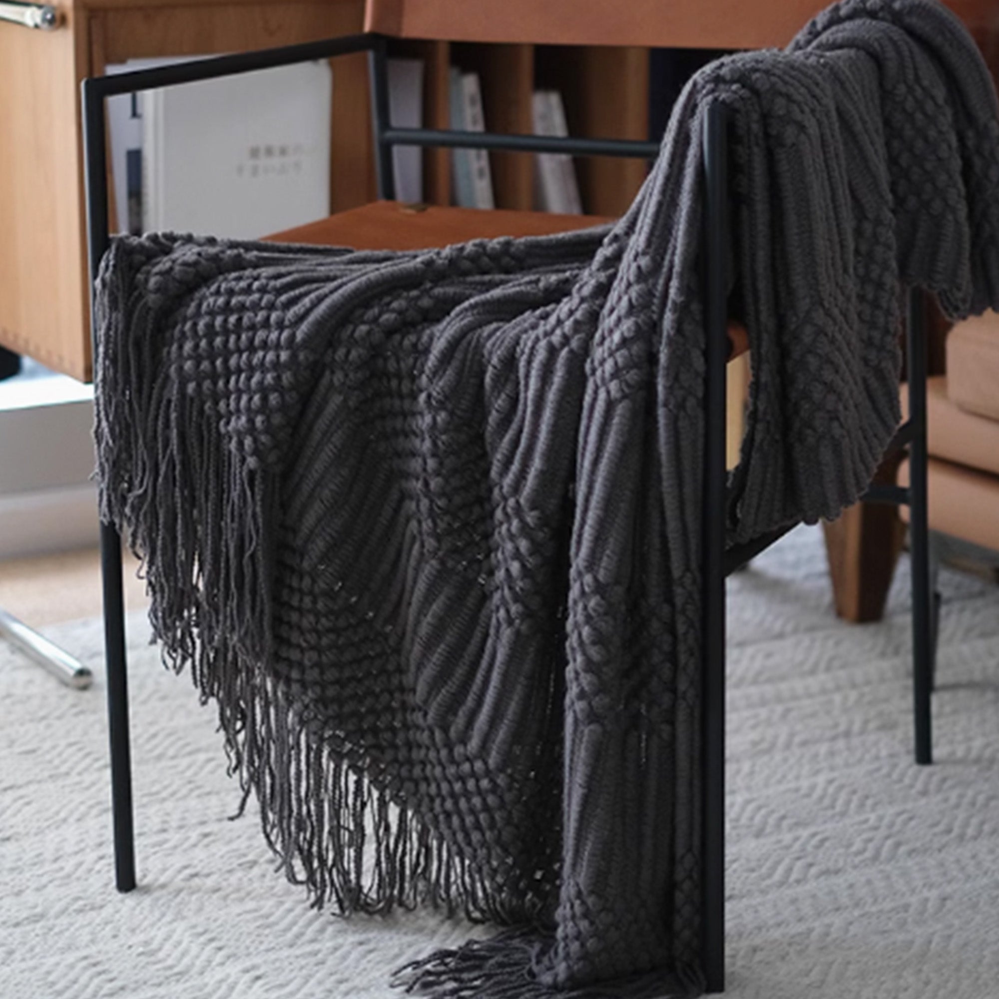 Soft Textured Fringe Throw Blanket - Cozy Knit Blanket for Couch, Bed & Sofa - Perfect for Living Room, Bedroom Decor & Winter Warmth