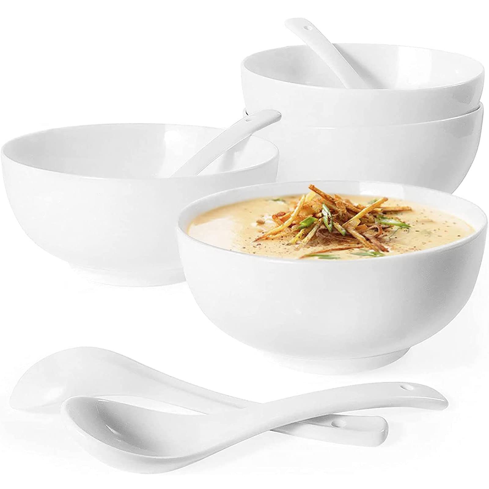 Artena 4-Piece Elegant White Pasta Bowl Set & 4-Piece Asian Soup Bowl Set with Spoons - Perfect for Italian Pasta, Asian Noodles, and Family Dining