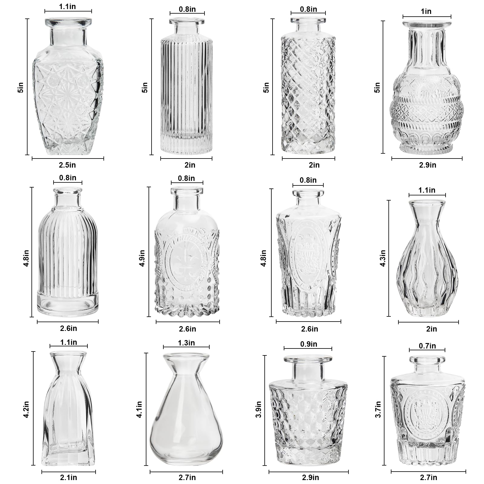 RUCKAE 12-Pack Small Clear Glass Bud Vases - Mini Flower Vases for Wedding Centerpieces, Table Decor, Home Decor & Party Decorations (Transparent) | Perfect for Weddings, Events, Home Floral Arrangements & Gift Packaging