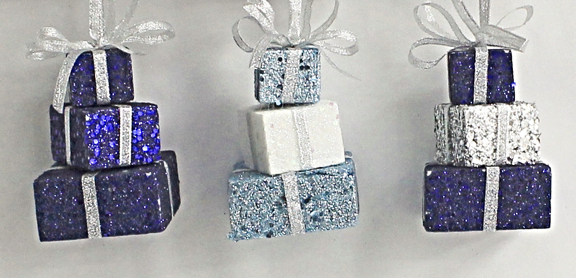 3 Layer Blue Glitter Gift Box Ornaments - Elegant Christmas Tree Decorations, Holiday Party Favors, Wedding Favor Boxes & DIY Craft Supplies