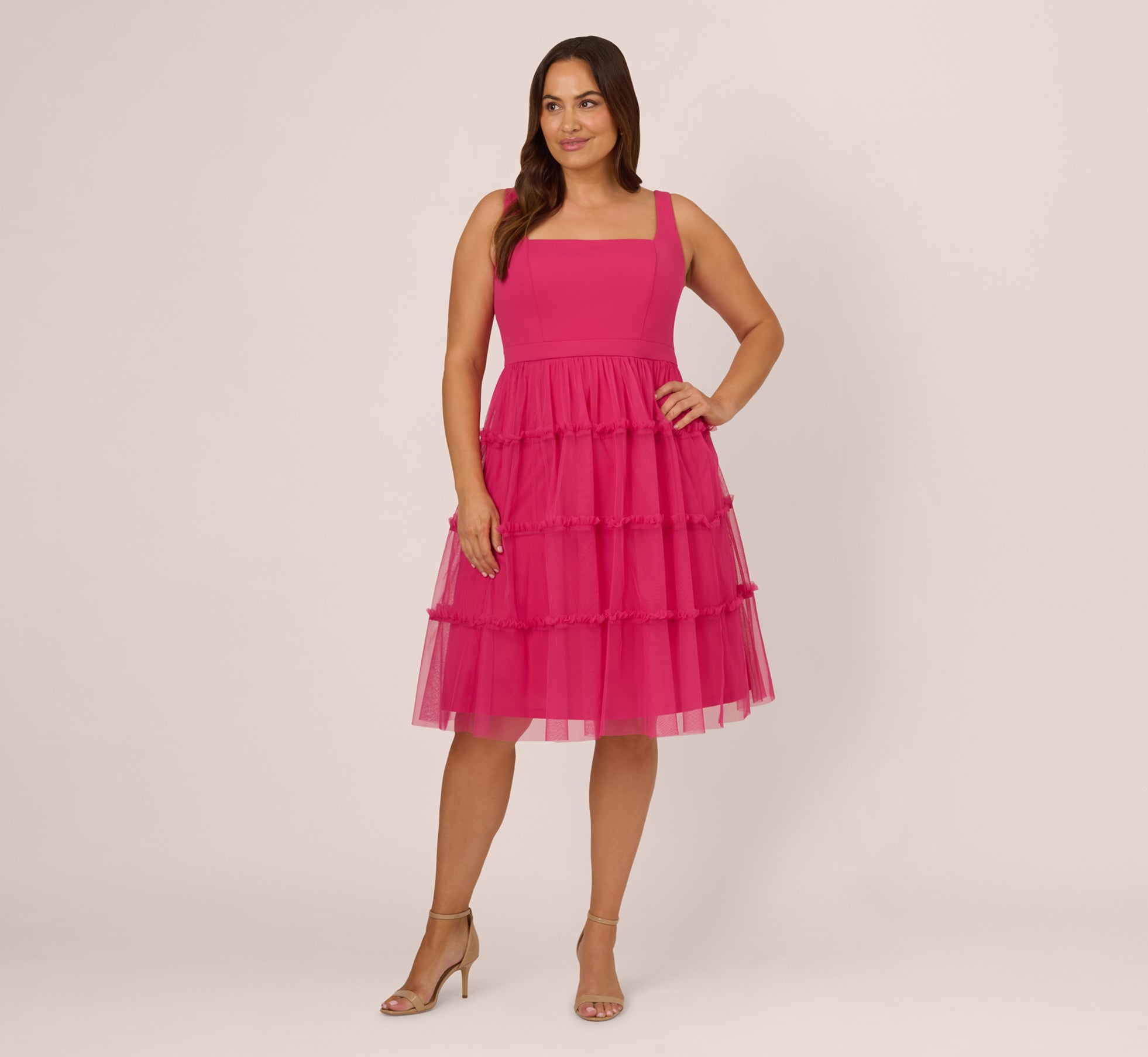 Plus Size Sleeveless Midi Dress with Square Neck & Tiered Skirt - Flattering Women's Summer Dress in Bright Rose | Perfect for Beach Vacations, Date Nights & Special Occasions