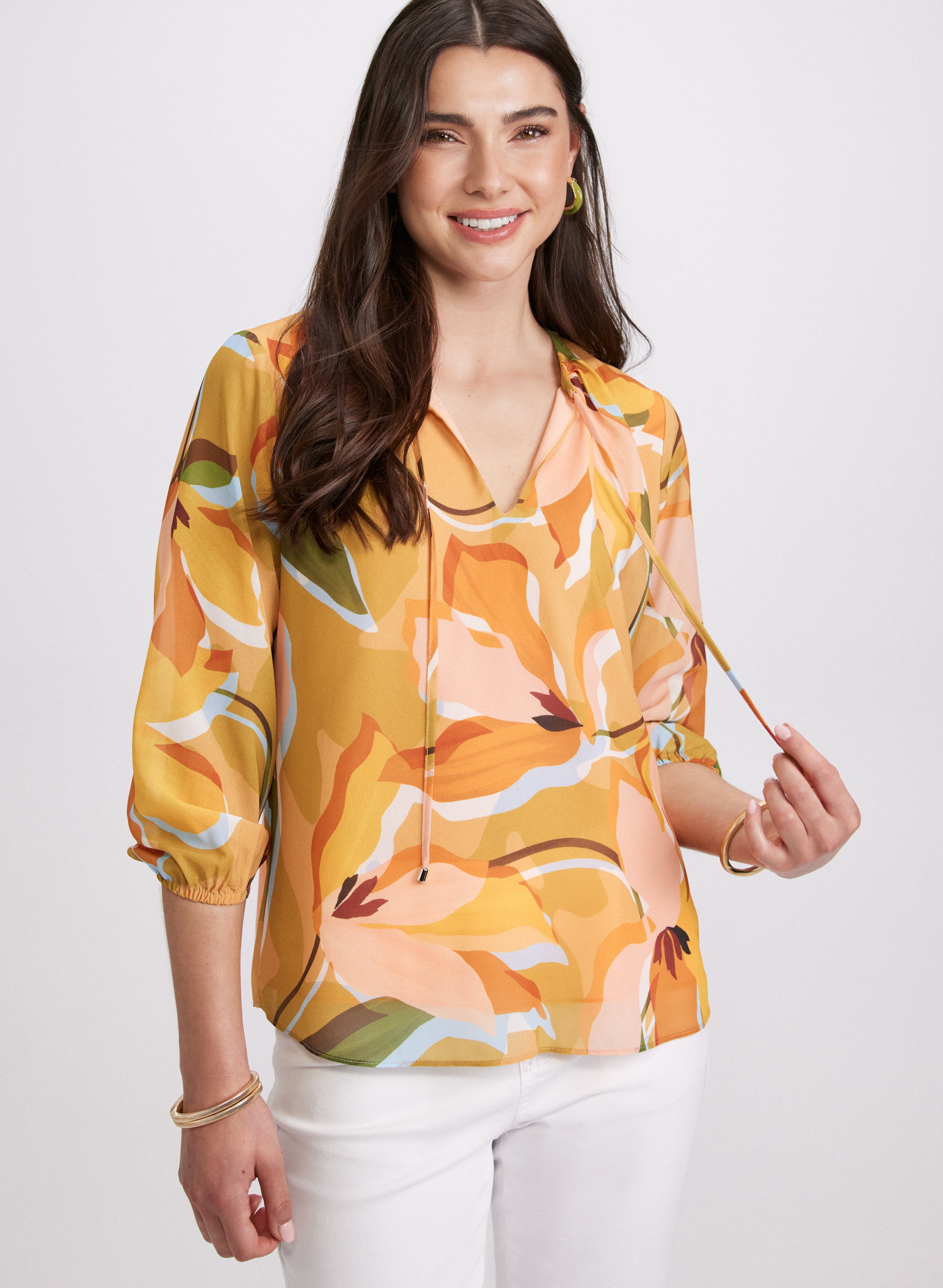 Floral Split Neck Blouse for Women - Elegant Floral Print Tunic Top with V-Neck Design | Perfect for Office, Date Night & Spring Outfits