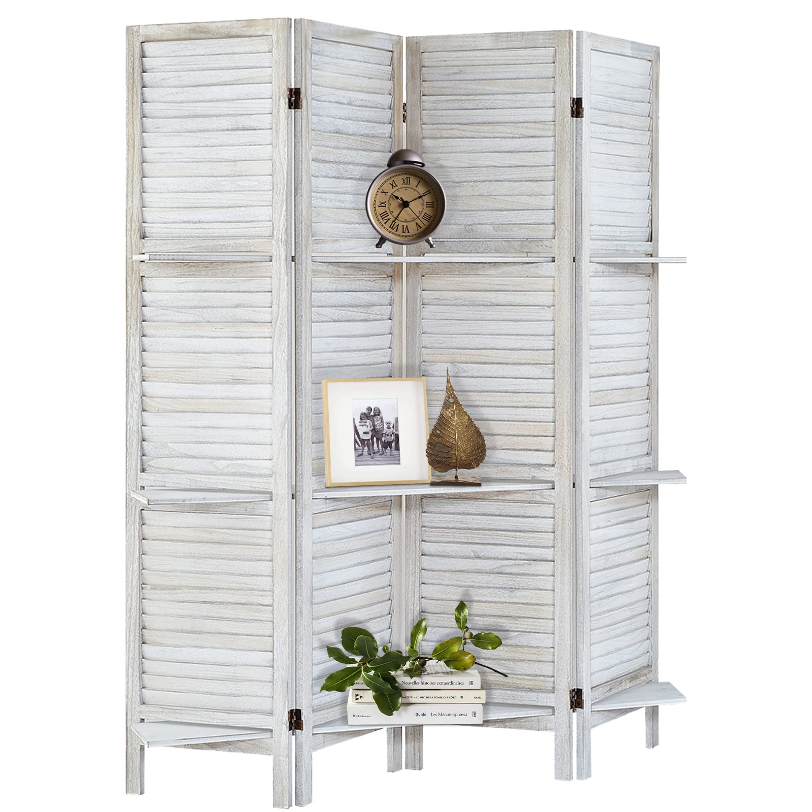 4-Panel Wooden Room Divider with Shelves - Folding Privacy Screen & Temporary Wall Partition - Coconut Finish for Home, Office & Studio Separation