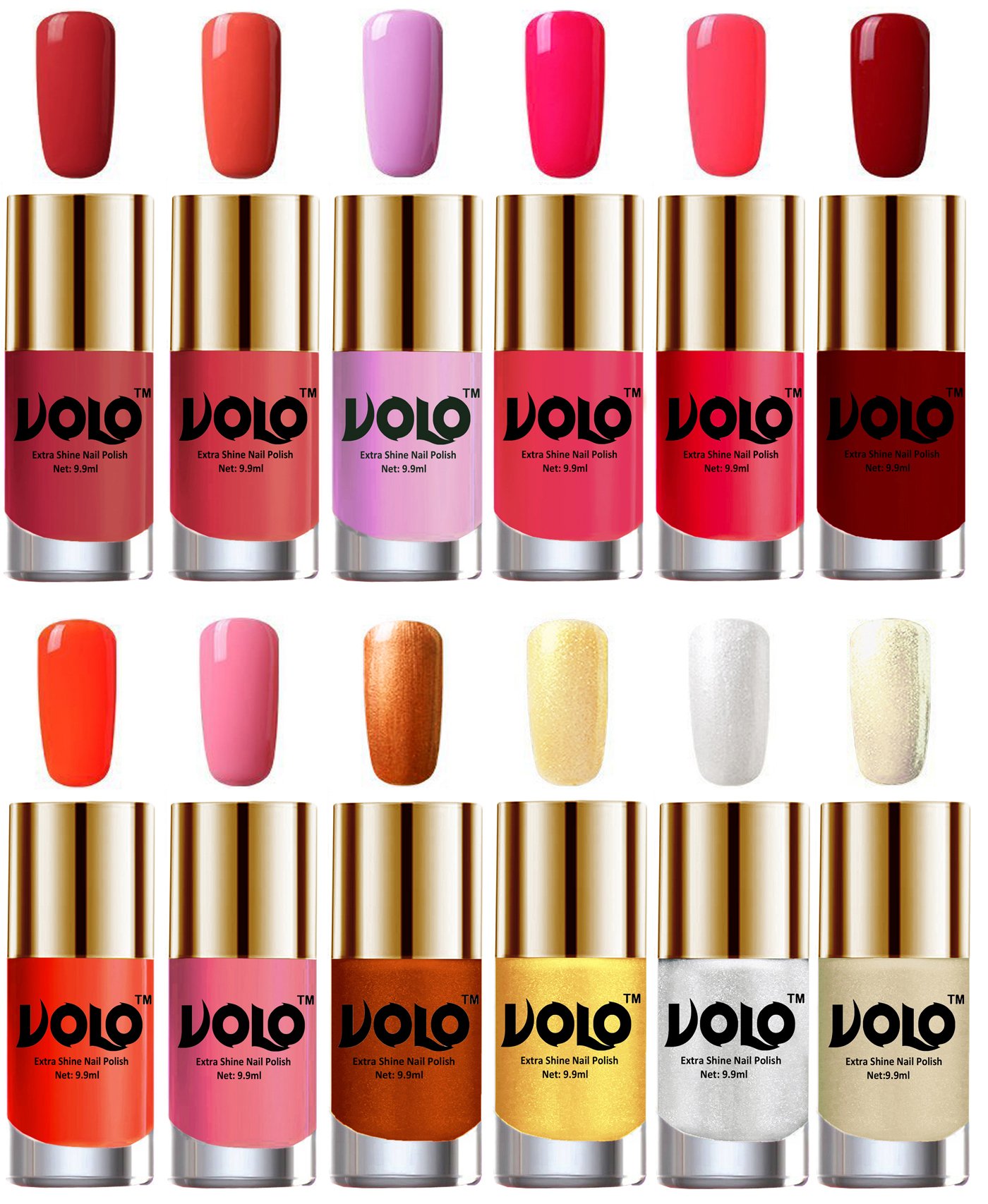 Volo Luxury Super Shine 12-Piece Nail Polish Set - Coral Compass, Peach Crush & 10 Vibrant Colors | Long-Lasting High Gloss Finish | Perfect for Manicures, Pedicures & Nail Art Designs